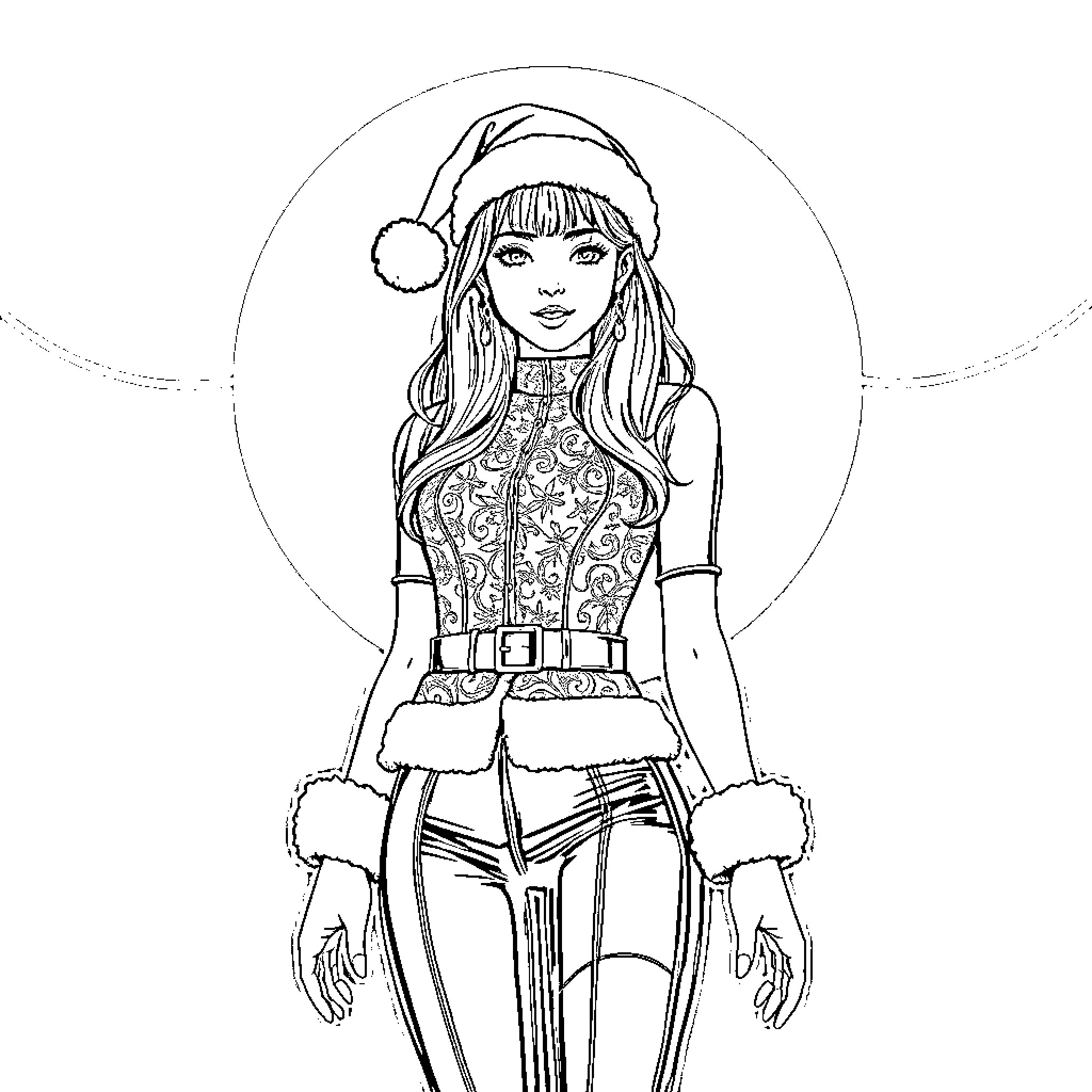 K Pop Girl in Festive Winter Outfit Coloring Page (free black-and-white line drawing printable PDF for all, from beginners to advanced learners, including children, teens, adults, and seniors)