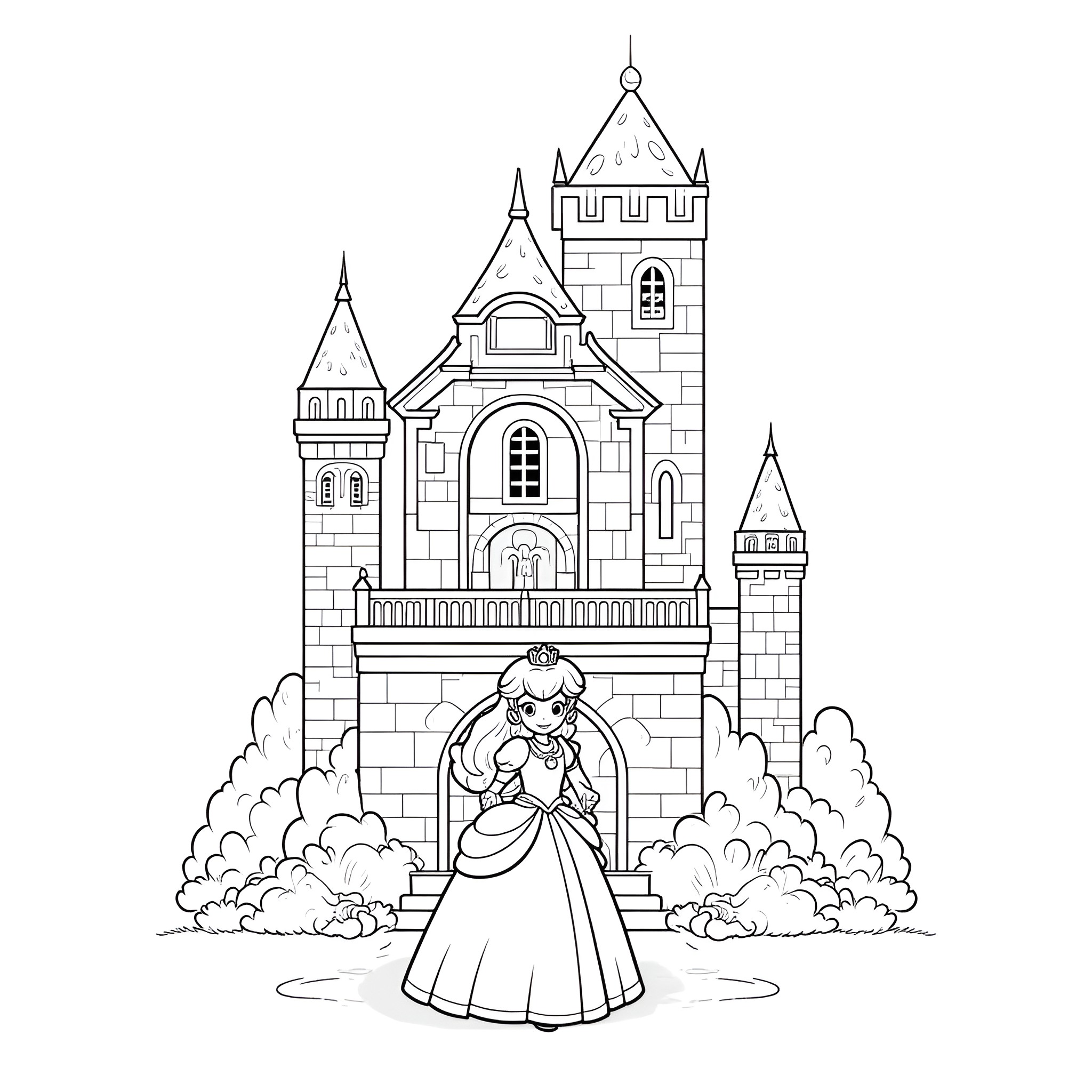 Princess Standing Proudly Before a Majestic Castle Coloring Page (free black-and-white line drawing printable PDF for all, from beginners to advanced learners, including children, teens, adults, and seniors)
