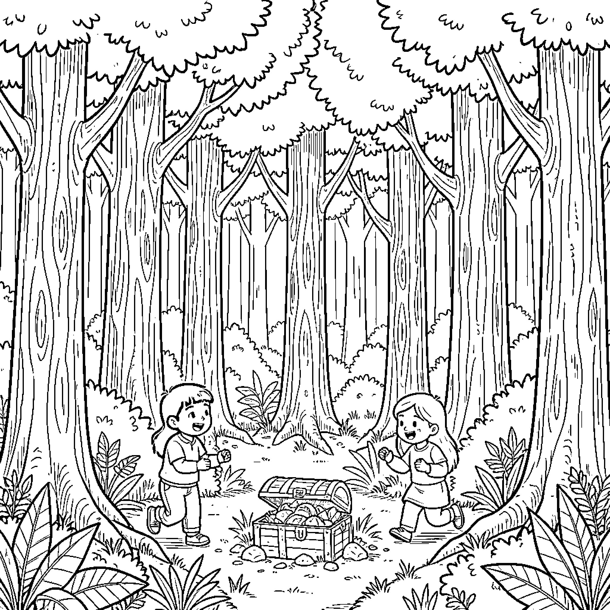 Friends Exploring the Enchanting Forest Coloring Page (free black-and-white line drawing printable PDF for all, from beginners to advanced learners, including children, teens, adults, and seniors)
