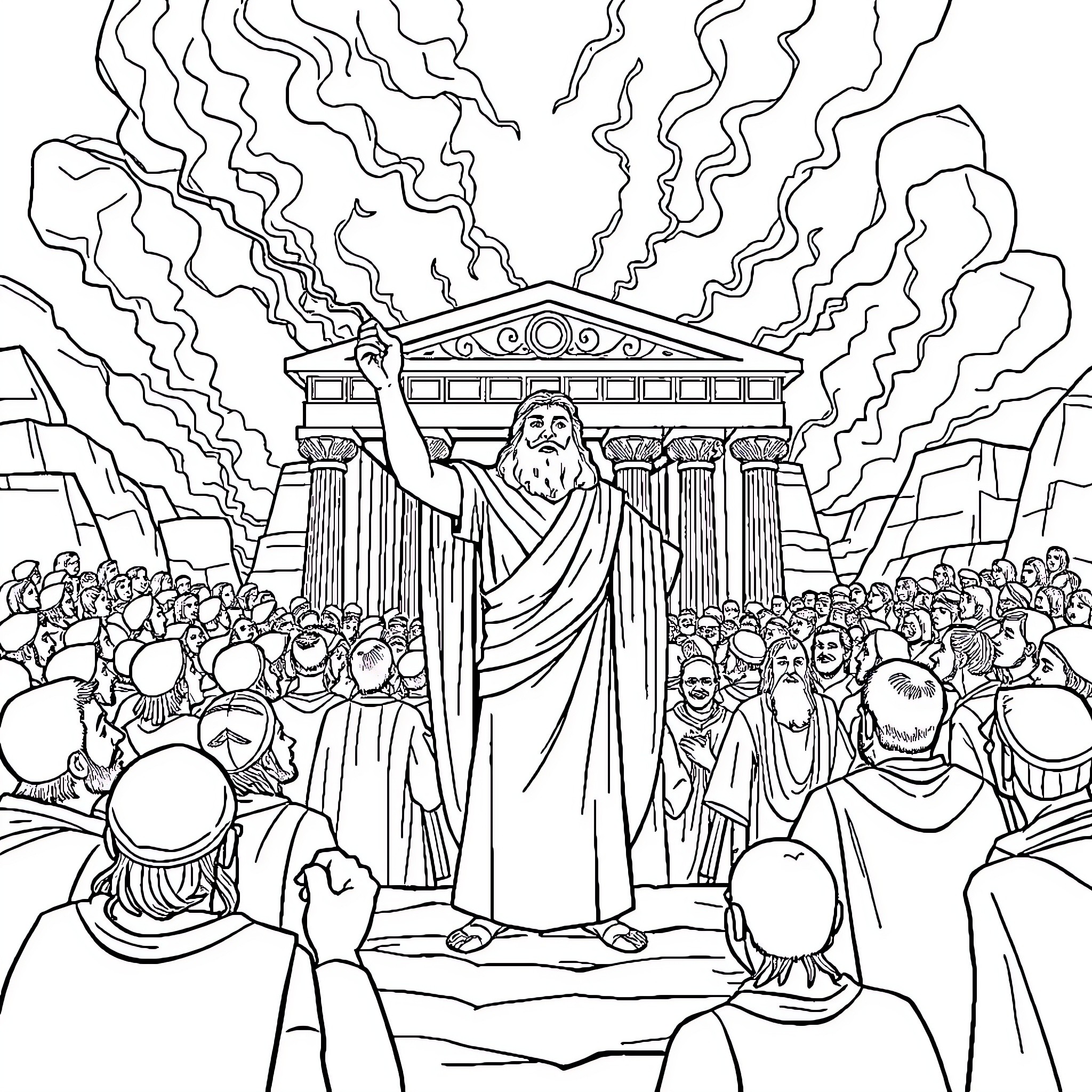 Solomon Delivering a Speech to the Crowd Coloring Page (free black-and-white line drawing printable PDF for all, from beginners to advanced learners, including children, teens, adults, and seniors)