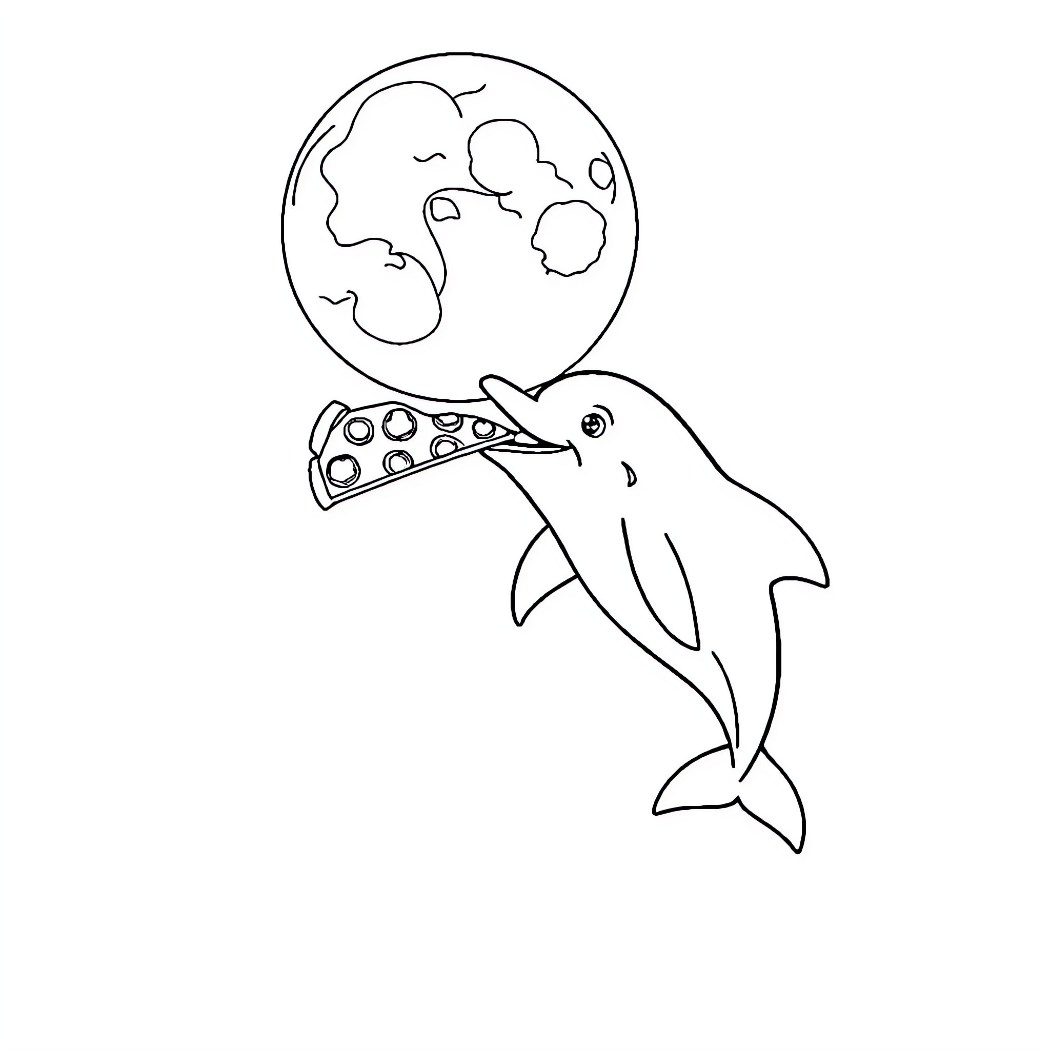 Dolphin catching a pizza slice in the moonlight Coloring Page (free black-and-white line drawing printable PDF for all, from beginners to advanced learners, including children, teens, adults, and seniors)