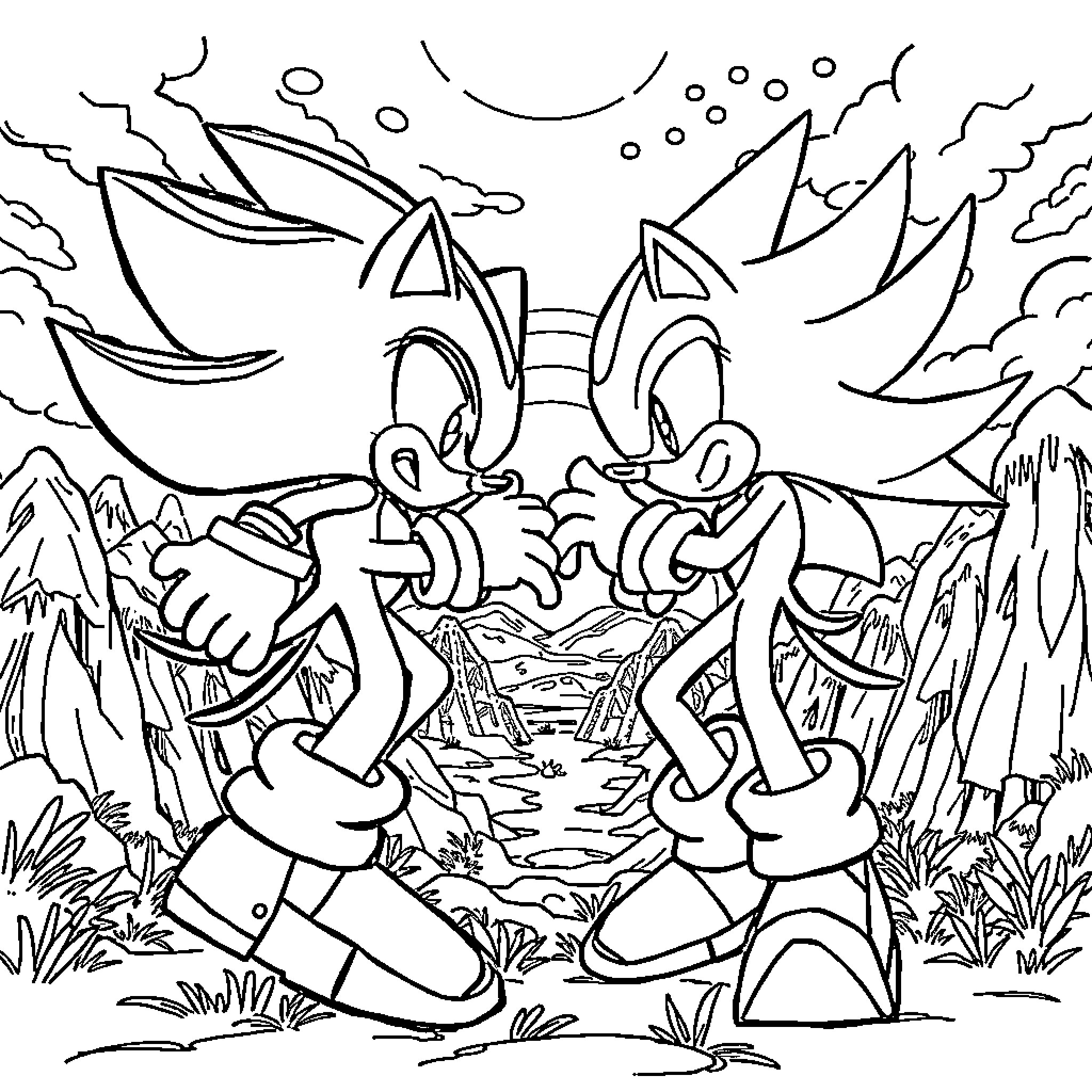 Sonic characters running together in nature Coloring Page (free black-and-white line drawing printable PDF for all, from beginners to advanced learners, including children, teens, adults, and seniors)