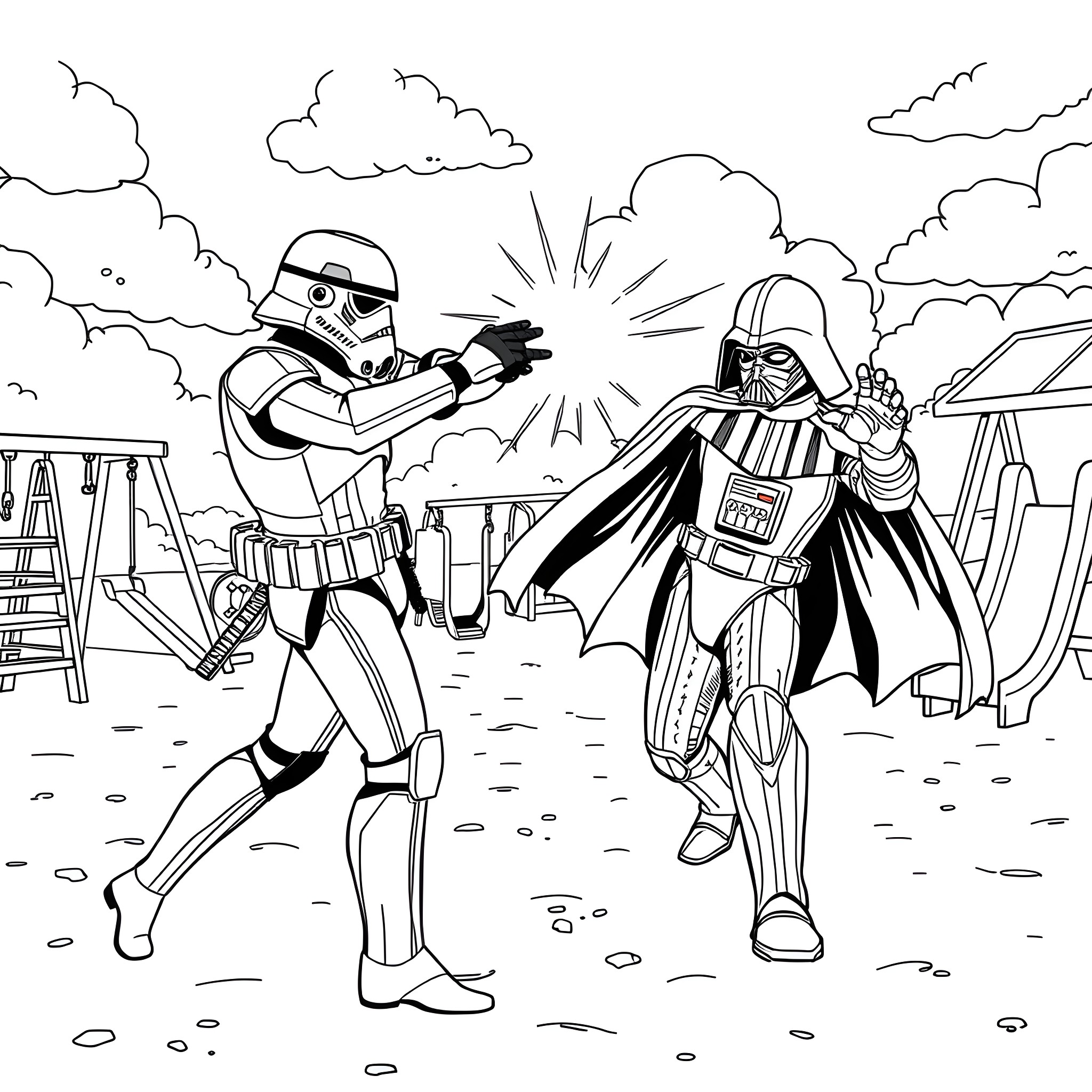 Stormtroopers in battle against Darth Vader Coloring Page (free black-and-white line drawing printable PDF for all, from beginners to advanced learners, including children, teens, adults, and seniors)