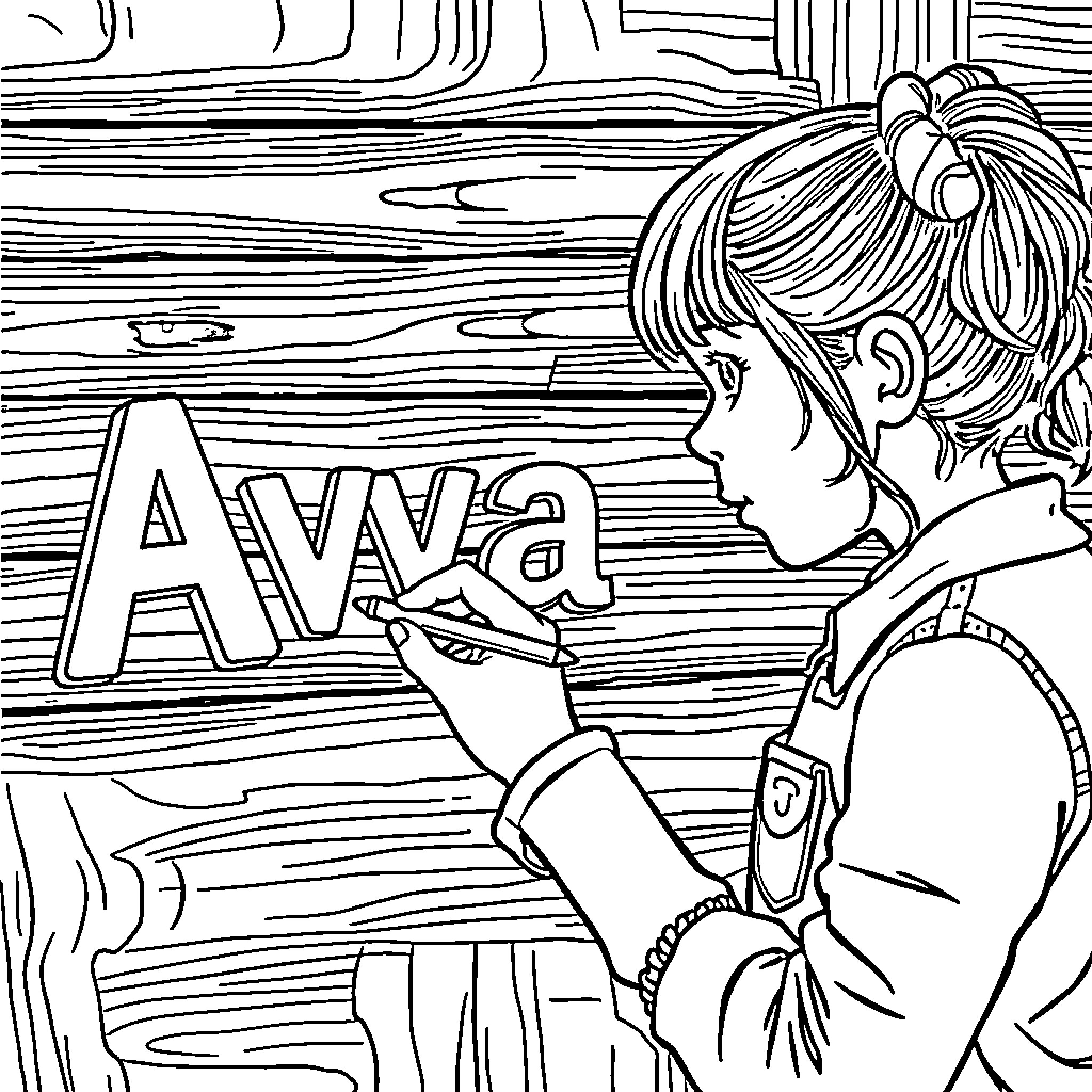 Girl drawing on a wooden wall Coloring Page (free black-and-white line drawing printable PDF for all, from beginners to advanced learners, including children, teens, adults, and seniors)