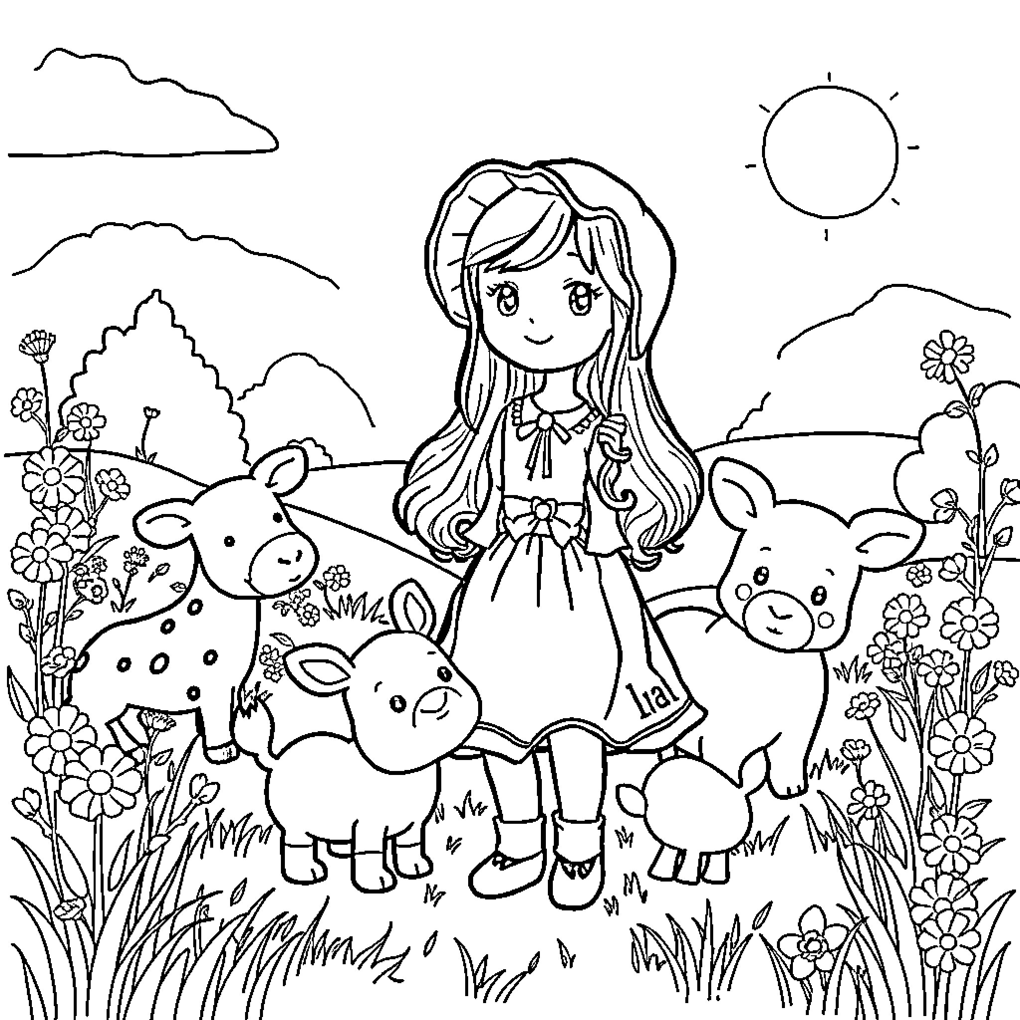 Holly Hobbie's Peaceful Pastoral Scene with Animal Friends Coloring Page (free black-and-white line drawing printable PDF for all, from beginners to advanced learners, including children, teens, adults, and seniors)