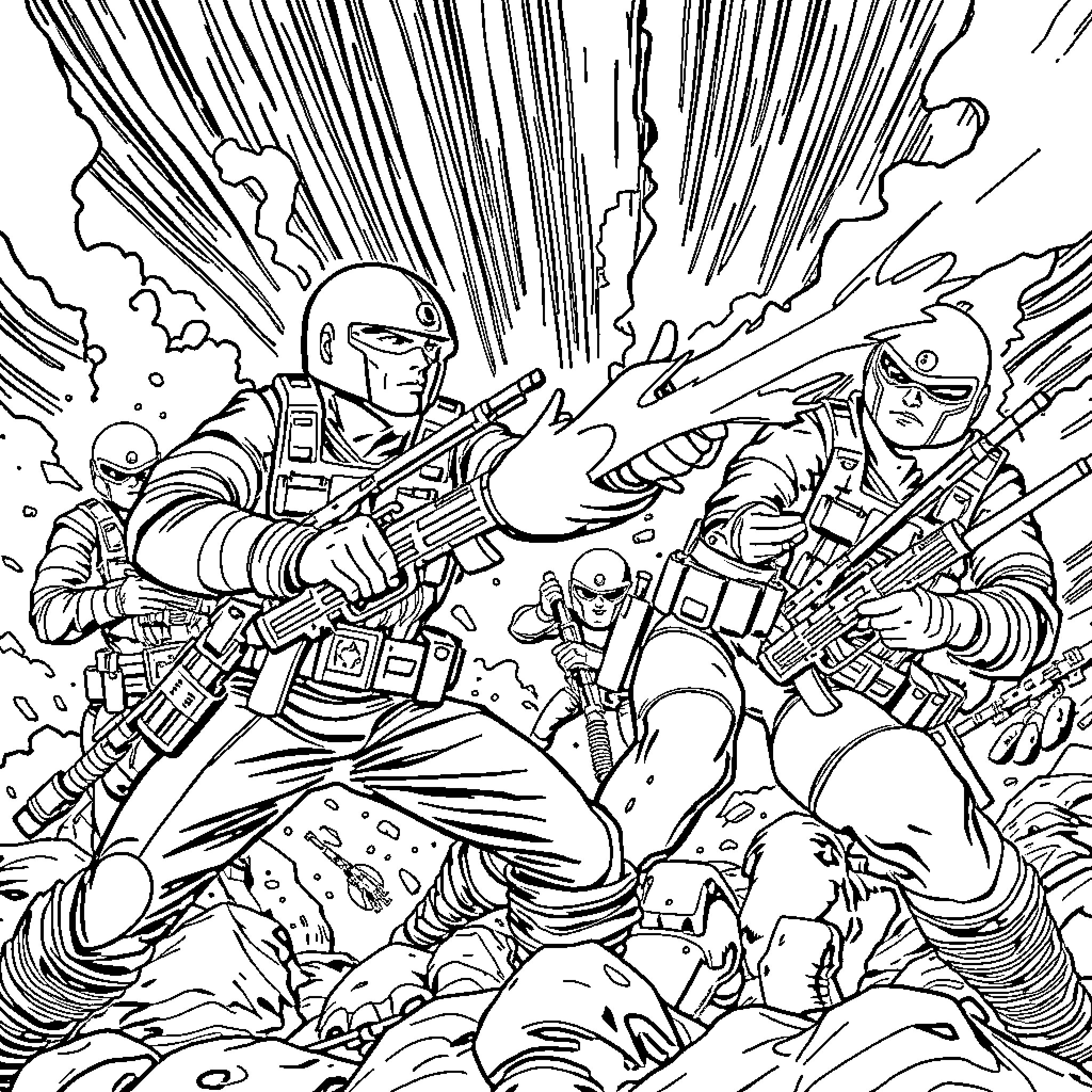 GI Joe Soldiers Engage in Intense Combat Operation Coloring Page (free black-and-white line drawing printable PDF for all, from beginners to advanced learners, including children, teens, adults, and seniors)
