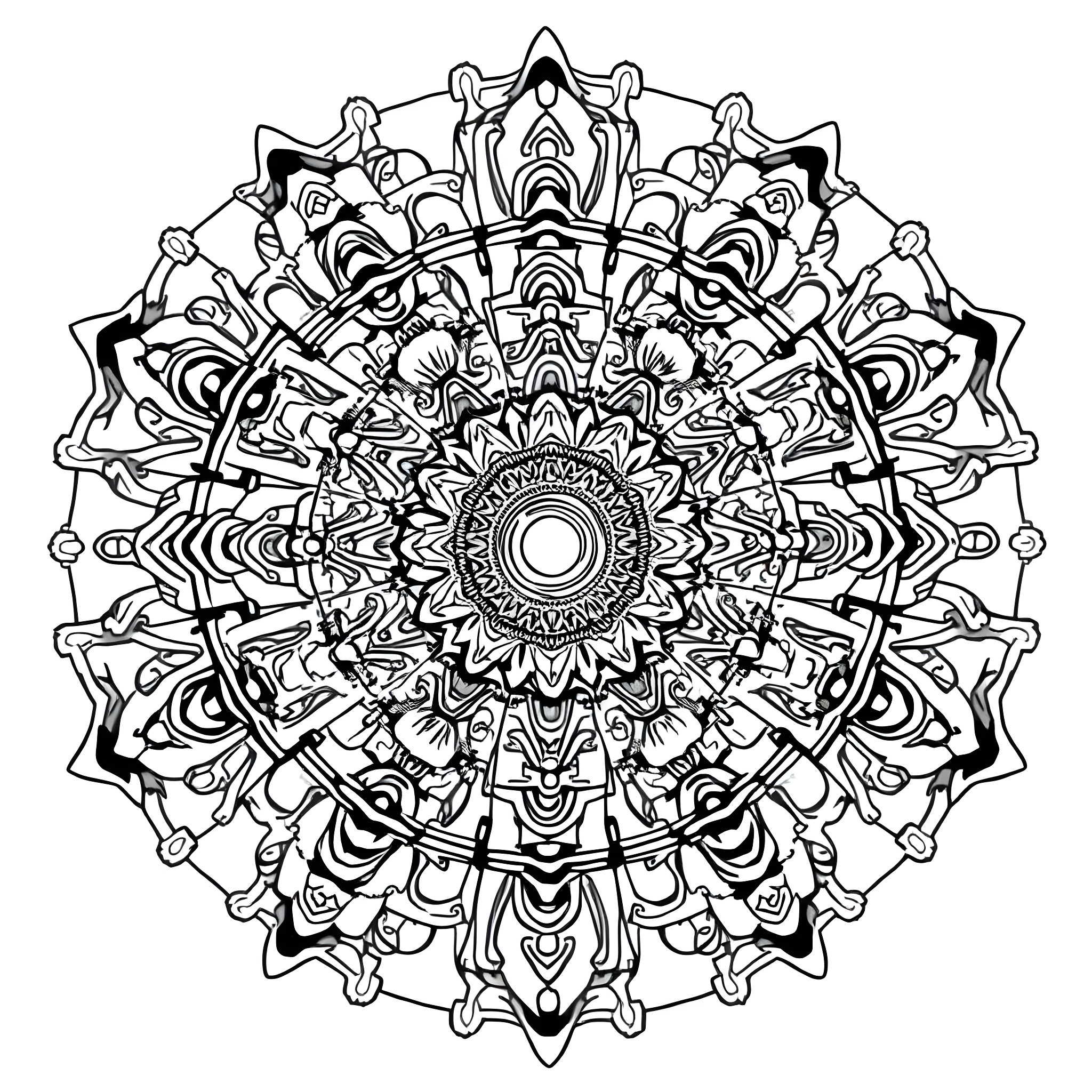 Mandala with intricate symmetrical patterns Coloring Page (free black-and-white line drawing printable PDF for all, from beginners to advanced learners, including children, teens, adults, and seniors)