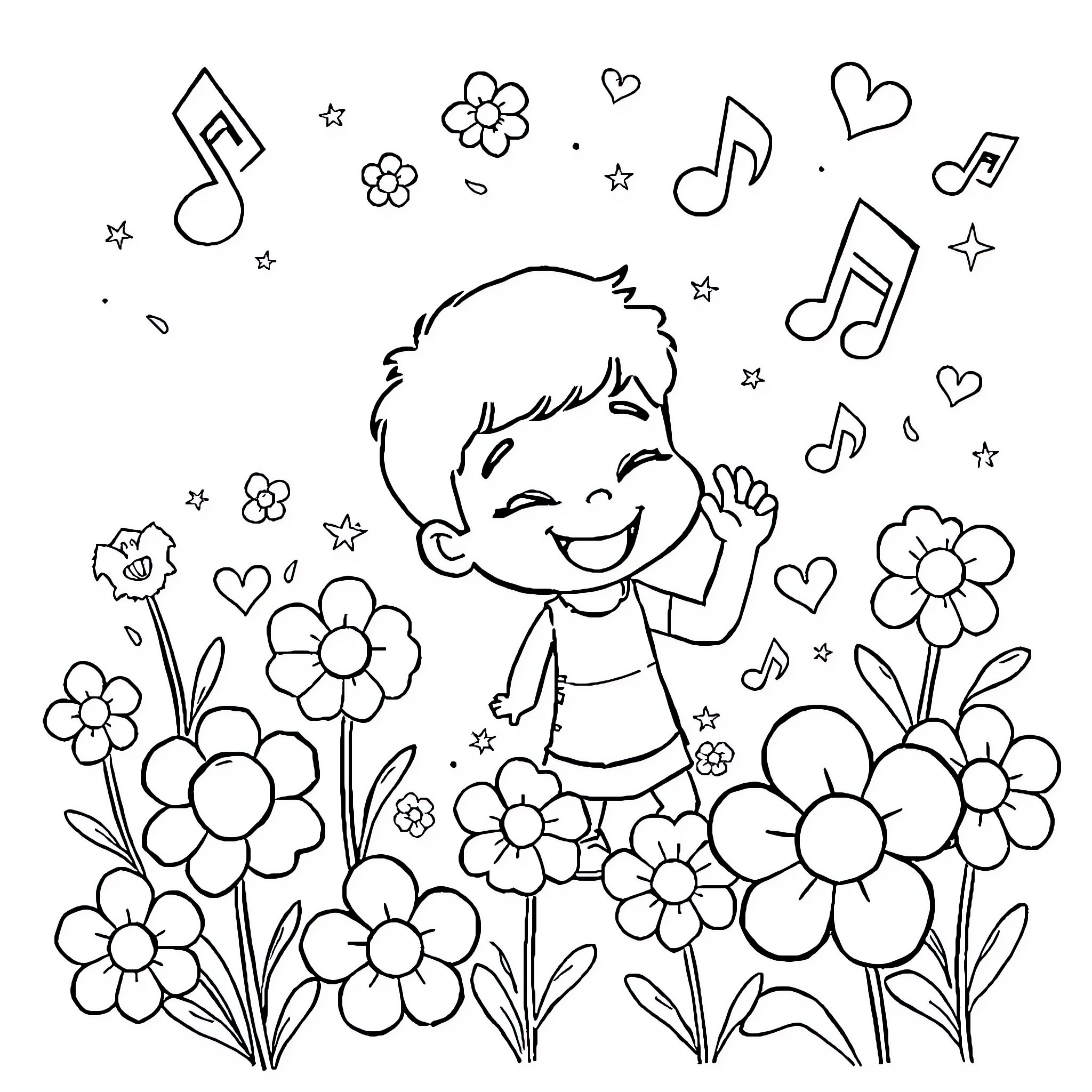 Tralalero happy child in flower field Coloring Page (free black-and-white line drawing printable PDF for all, from beginners to advanced learners, including children, teens, adults, and seniors)