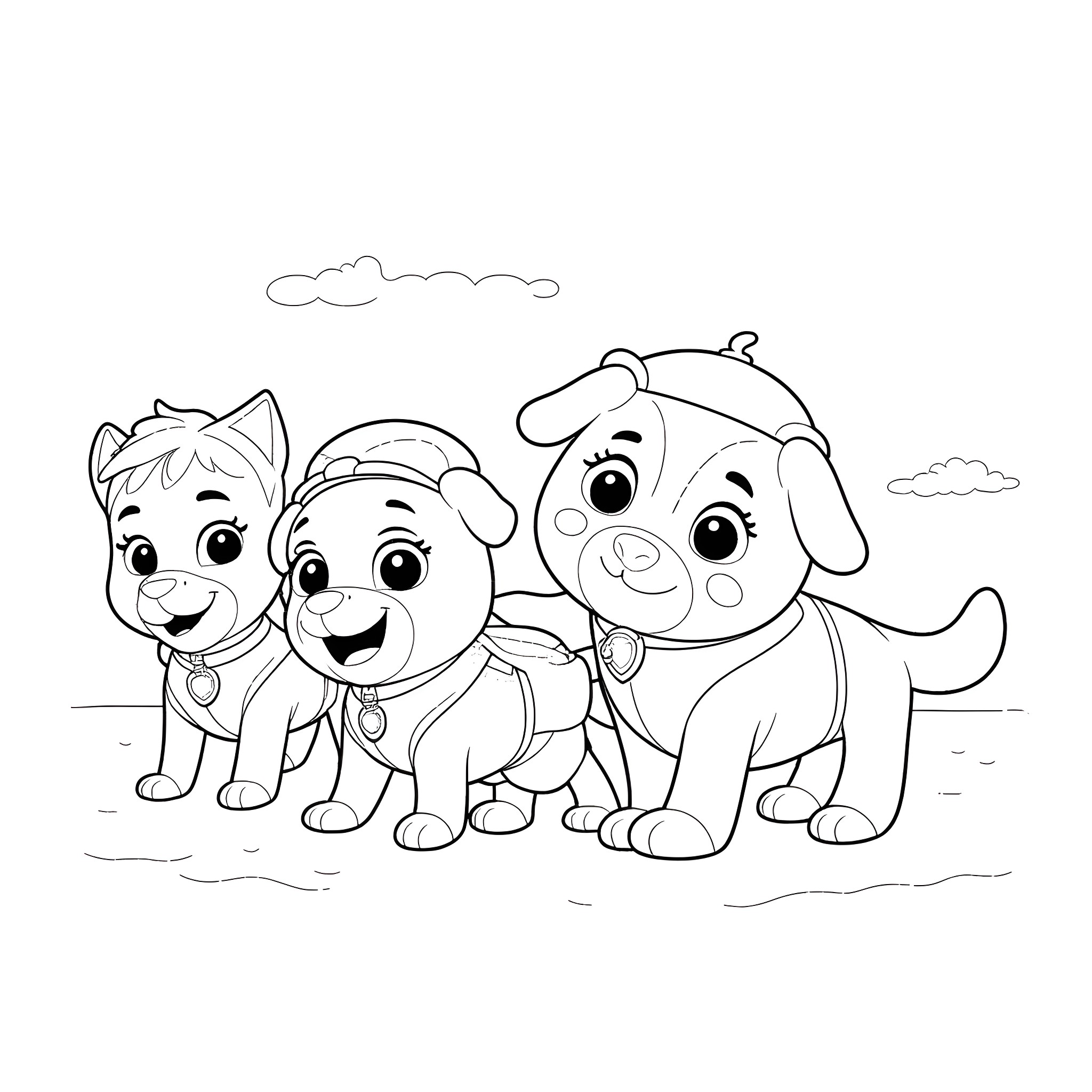 Paw Patrol puppies playing together happily Coloring Page (free black-and-white line drawing printable PDF for all, from beginners to advanced learners, including children, teens, adults, and seniors)
