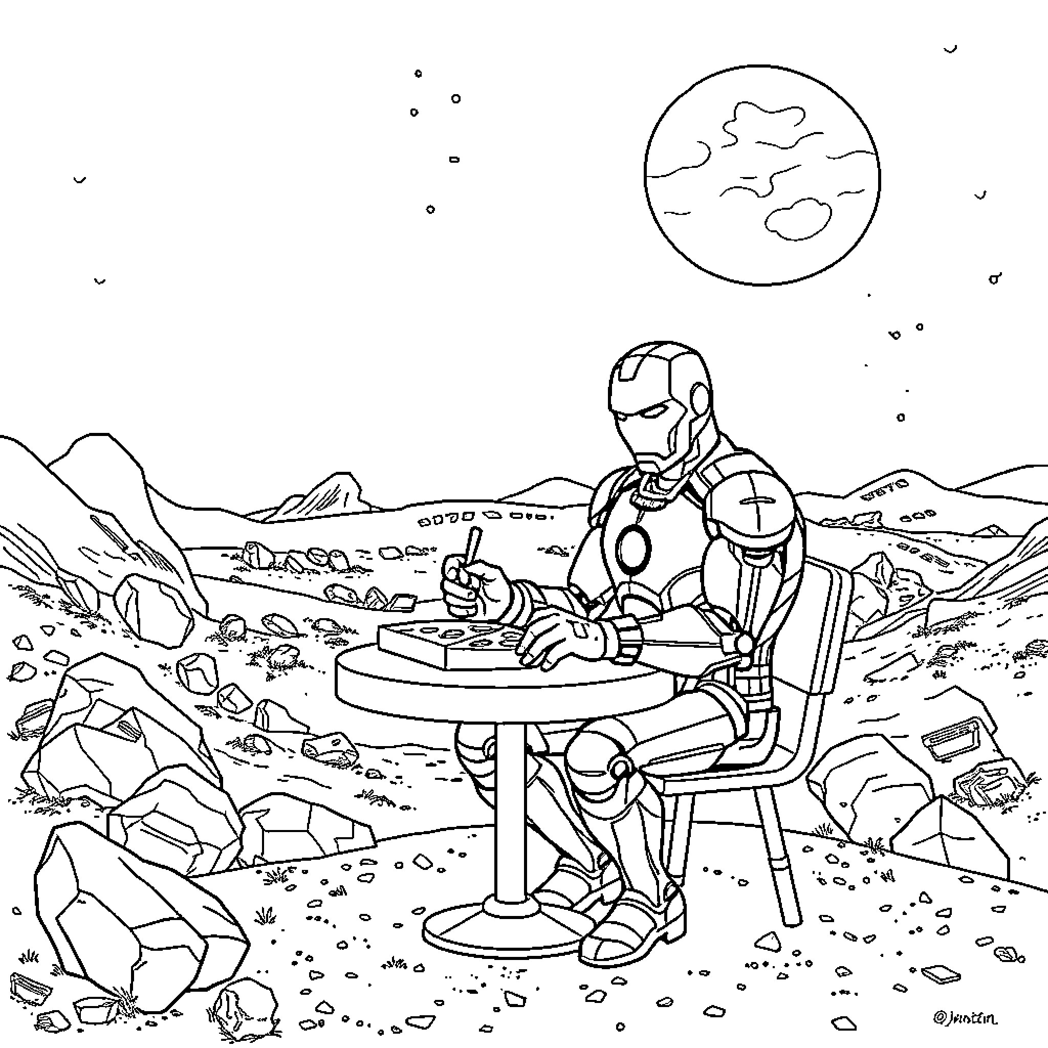 Iron Man contemplating in the desert landscape Coloring Page (free black-and-white line drawing printable PDF for all, from beginners to advanced learners, including children, teens, adults, and seniors)
