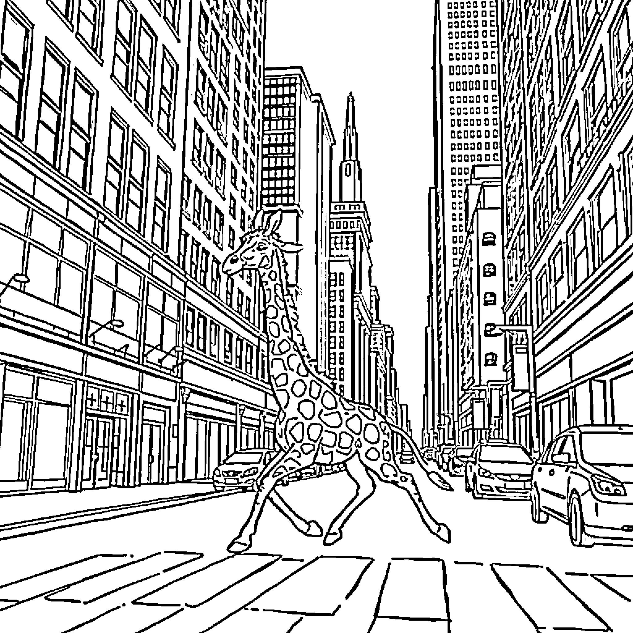 Ape dancing in the city streets Coloring Page (free black-and-white line drawing printable PDF for all, from beginners to advanced learners, including children, teens, adults, and seniors)