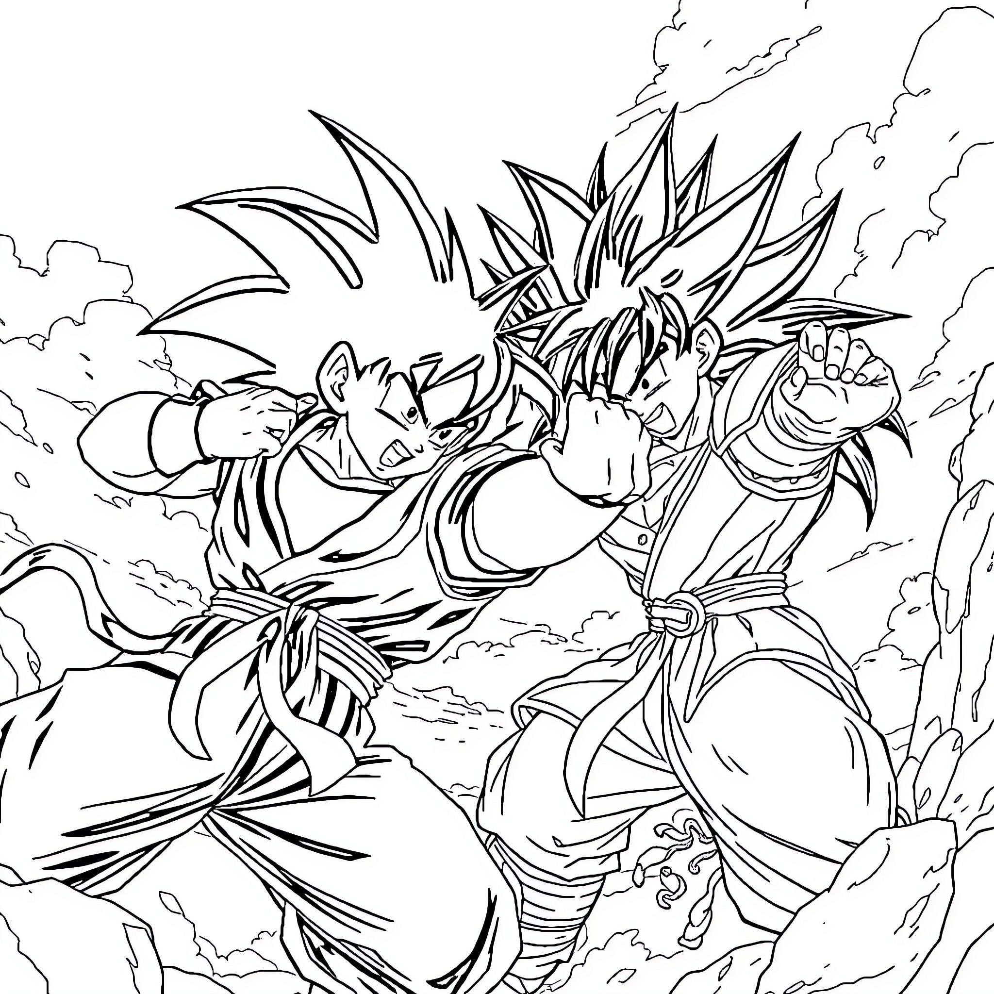 Goku Unleashing Powerful Attacks in Fierce Battle Coloring Page (free black-and-white line drawing printable PDF for all, from beginners to advanced learners, including children, teens, adults, and seniors)