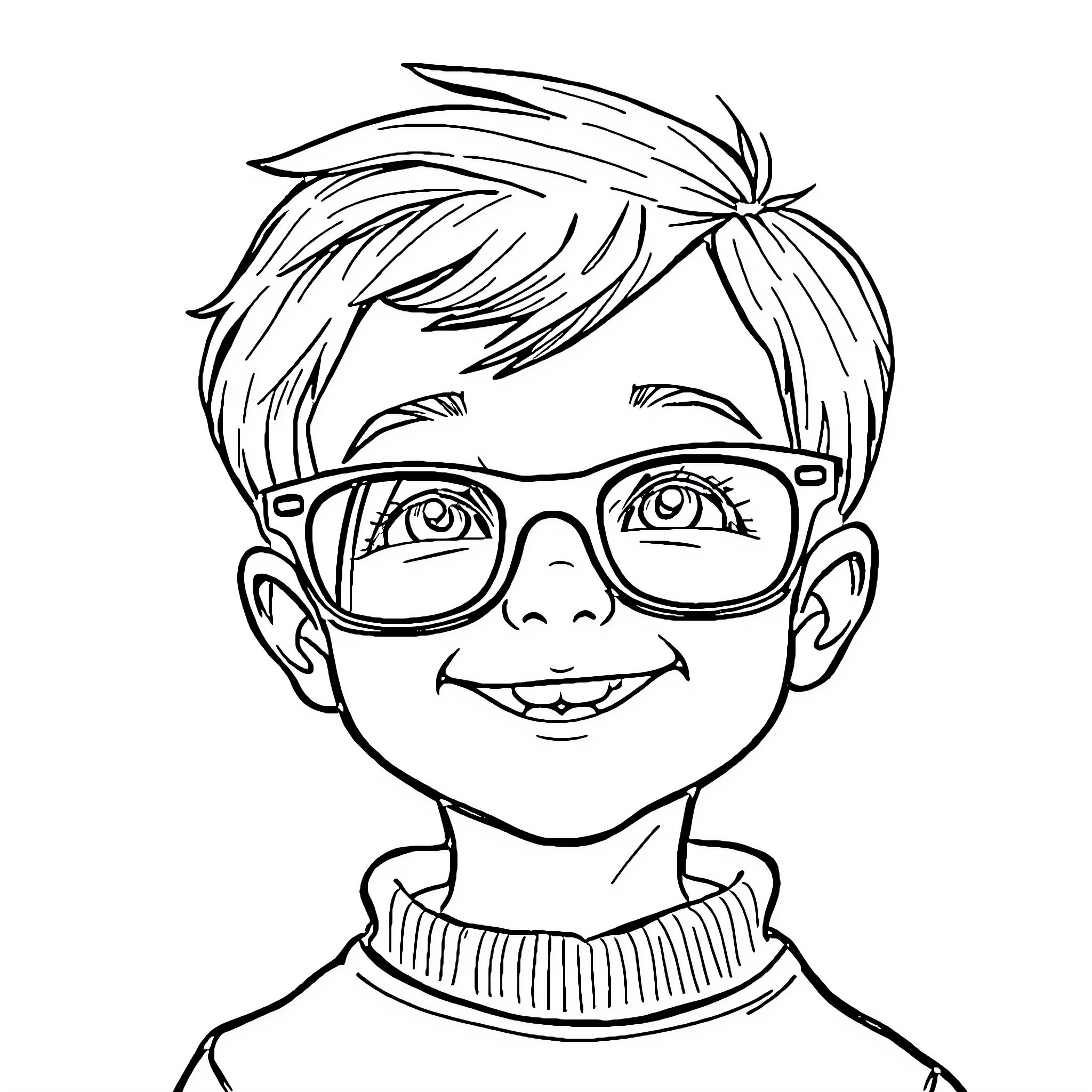 Child with glasses and messy hairstyle Coloring Page (free black-and-white line drawing printable PDF for all, from beginners to advanced learners, including children, teens, adults, and seniors)