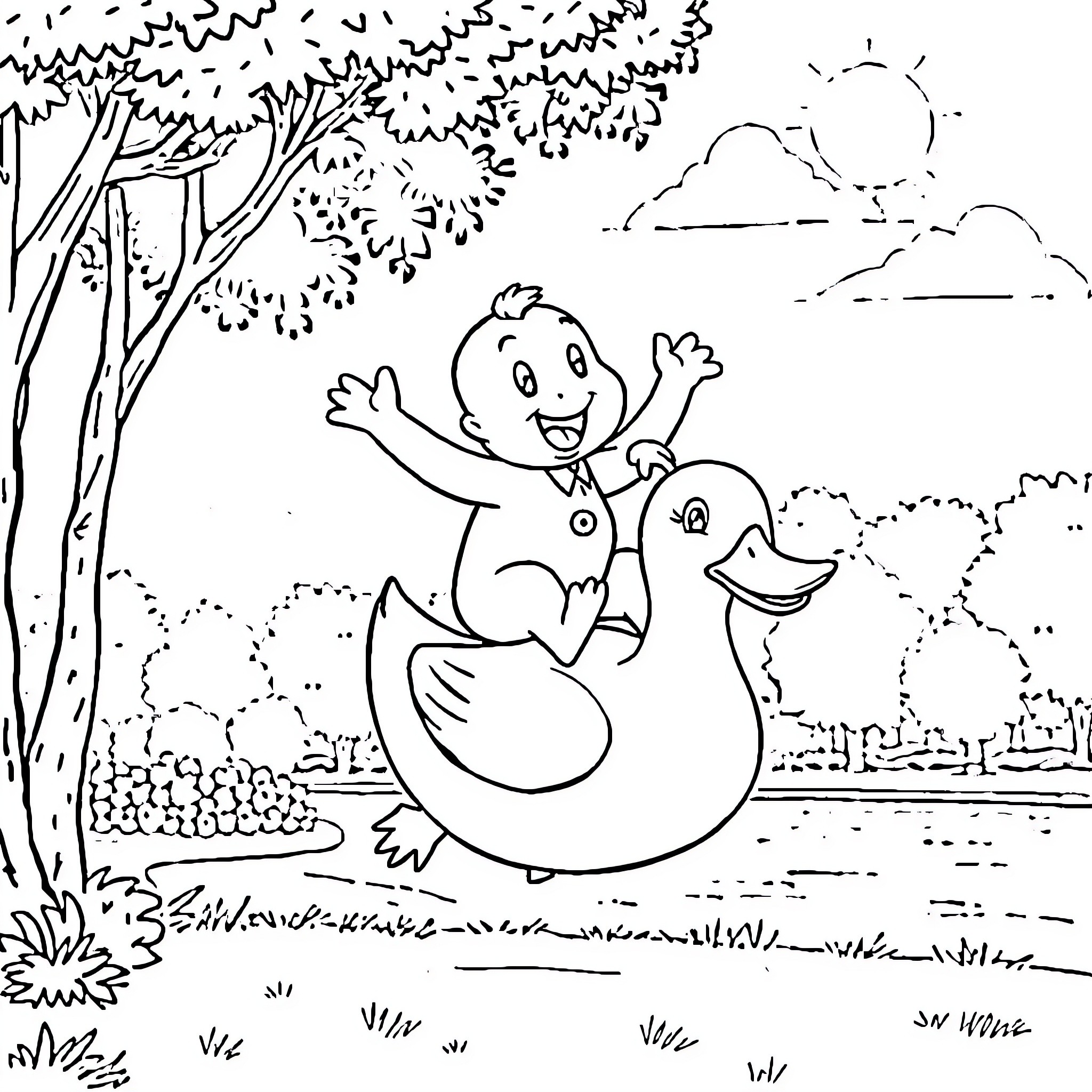 Pimpim's Joyful Ride in the Park Coloring Page (free black-and-white line drawing printable PDF for all, from beginners to advanced learners, including children, teens, adults, and seniors)