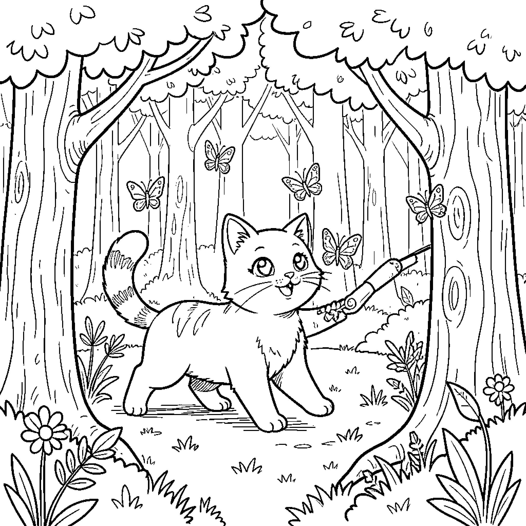 Cat exploring the enchanted forest Coloring Page (free black-and-white line drawing printable PDF for all, from beginners to advanced learners, including children, teens, adults, and seniors)