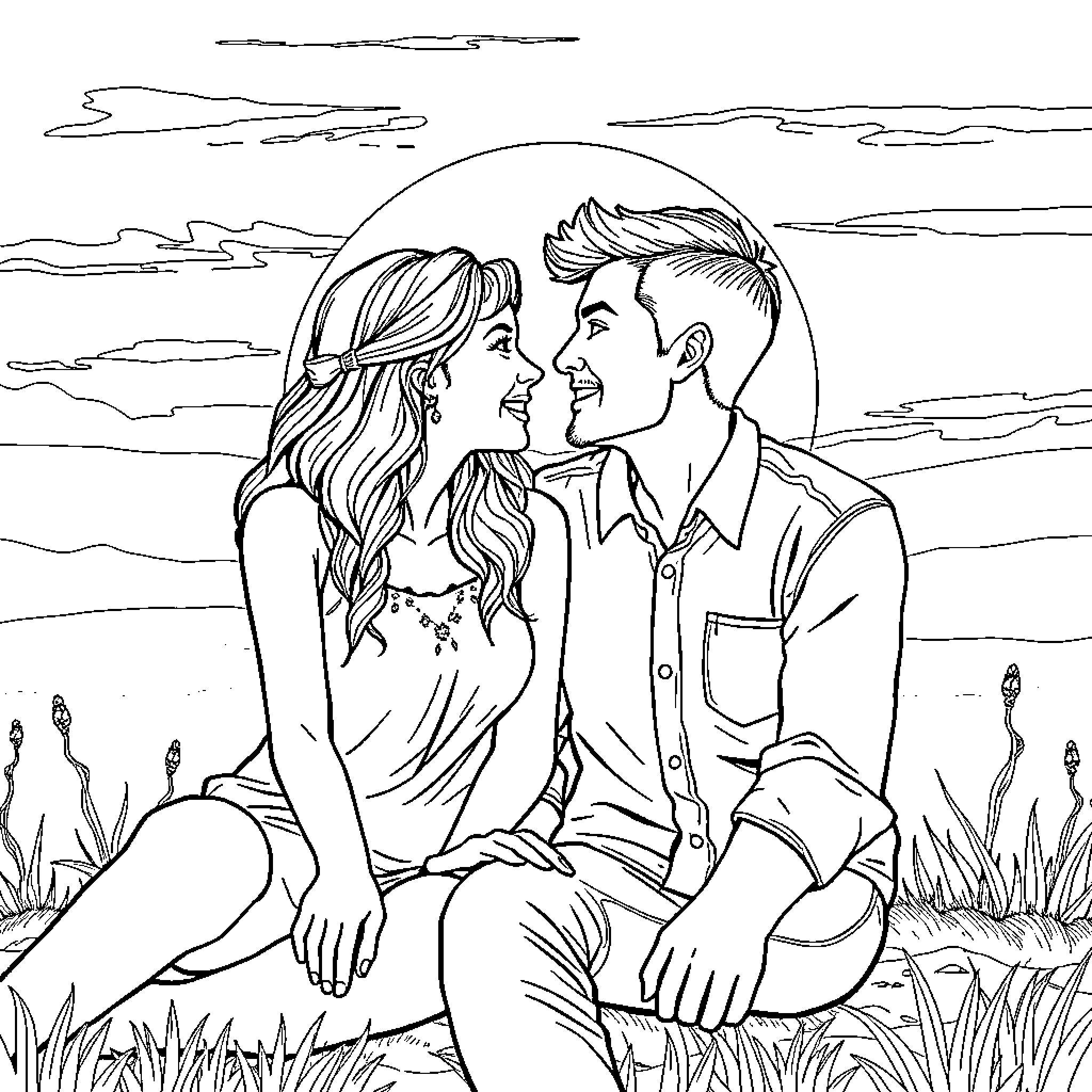 Catrina's Romantic Encounter in Nature Coloring Page (free black-and-white line drawing printable PDF for all, from beginners to advanced learners, including children, teens, adults, and seniors)