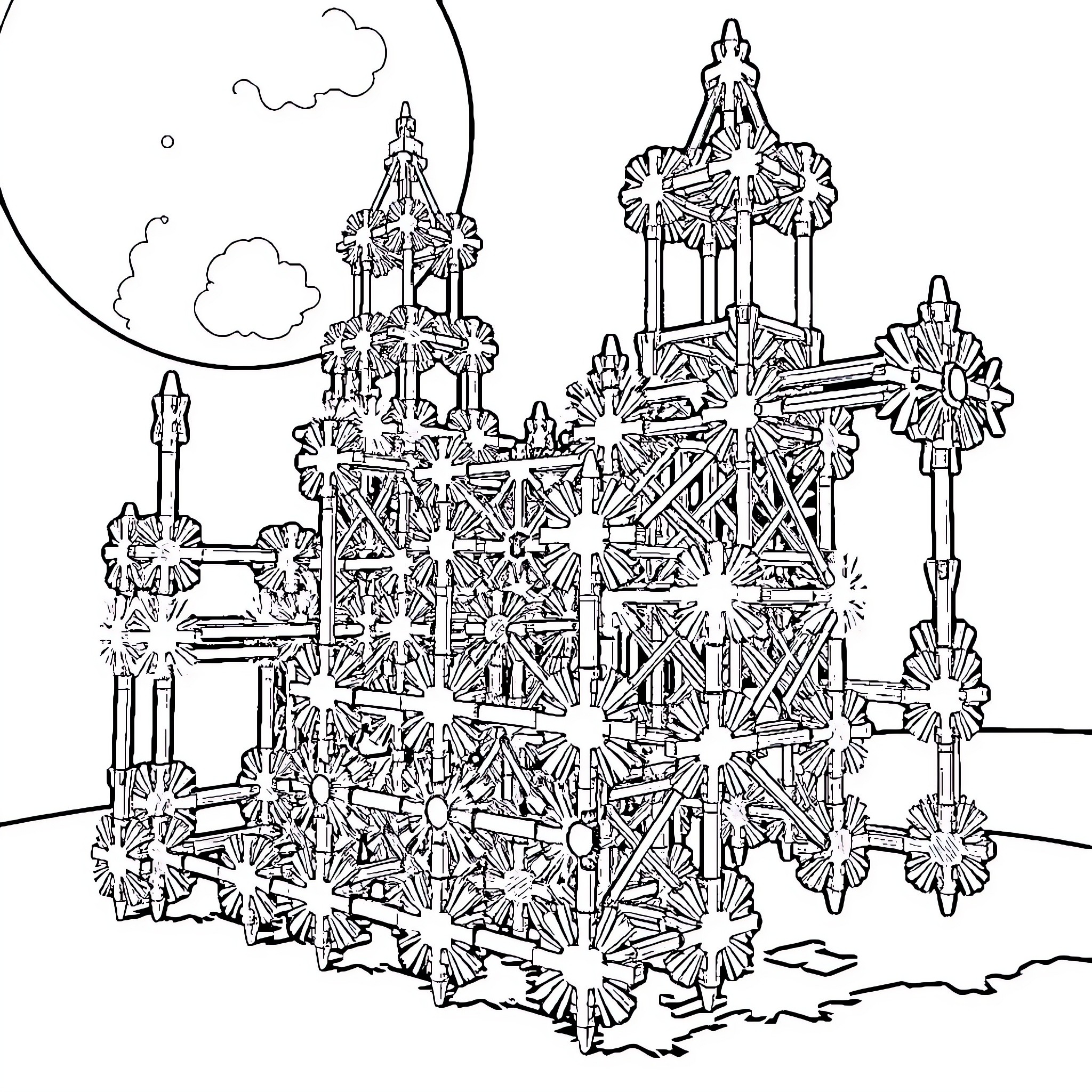 K'nex Architectural Structure with Intricate Design Coloring Page (free black-and-white line drawing printable PDF for all, from beginners to advanced learners, including children, teens, adults, and seniors)