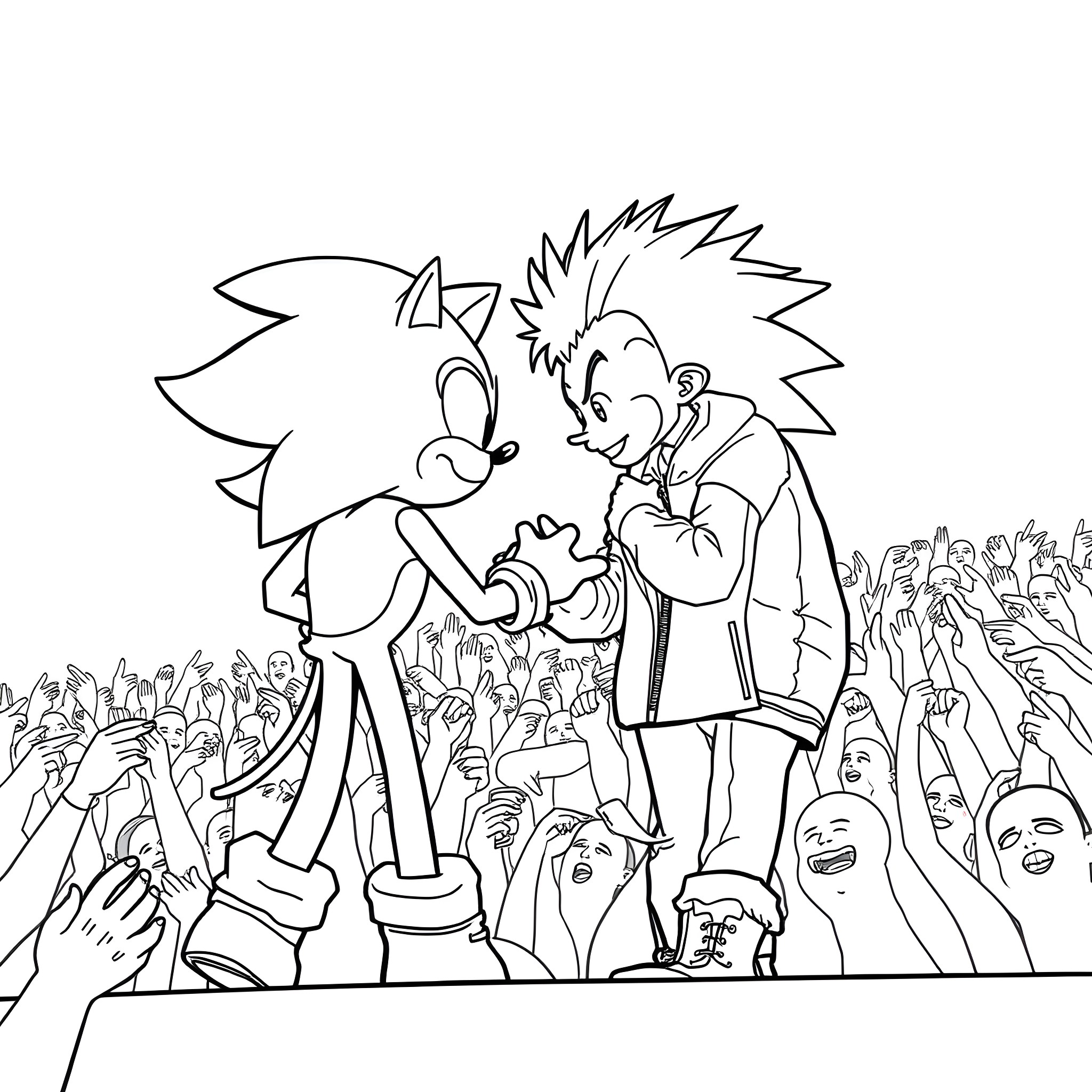 Sonic character interacting with human in a crowd scene Coloring Page (free black-and-white line drawing printable PDF for all, from beginners to advanced learners, including children, teens, adults, and seniors)