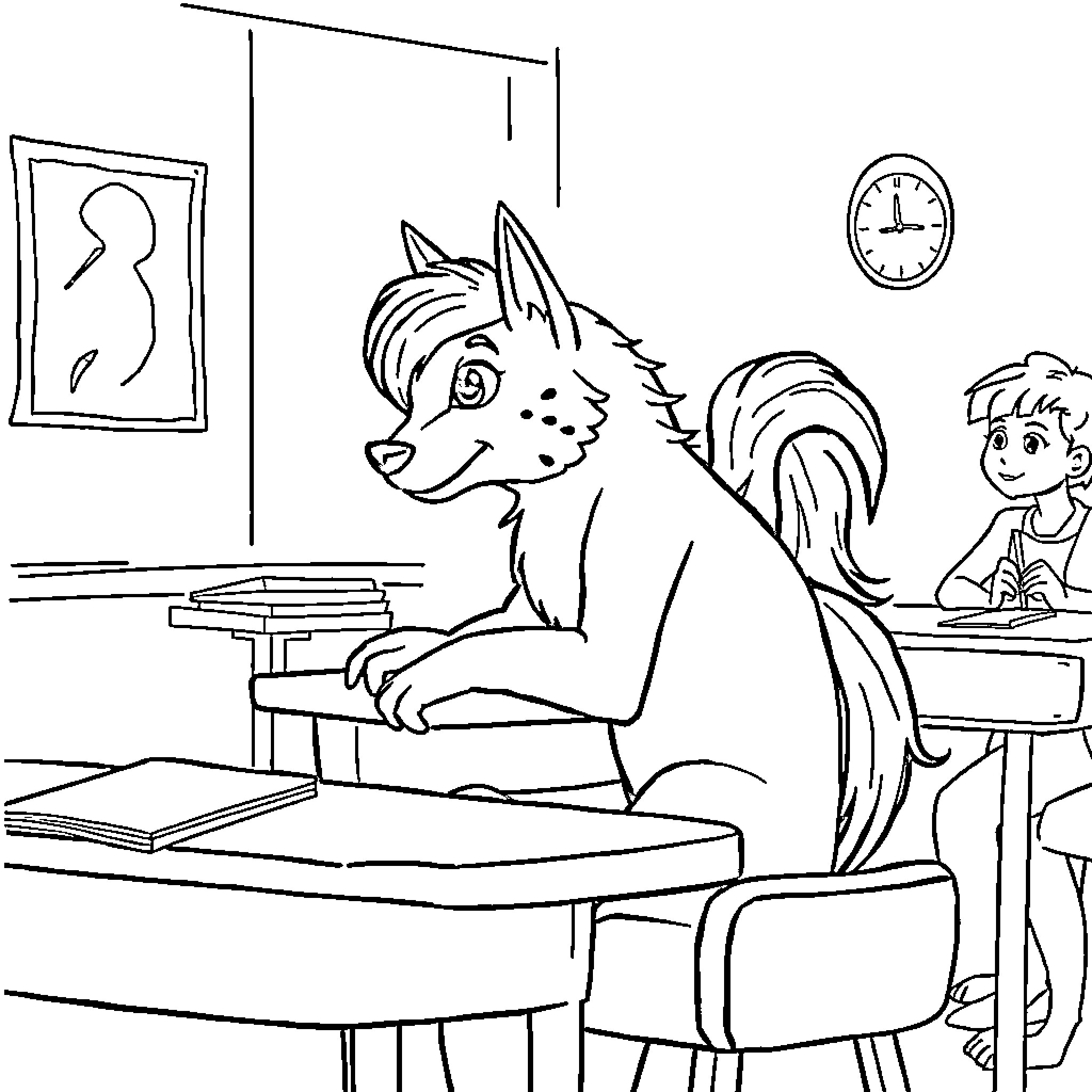 Huntrix Working on School Project With Classmate Coloring Page (free black-and-white line drawing printable PDF for all, from beginners to advanced learners, including children, teens, adults, and seniors)