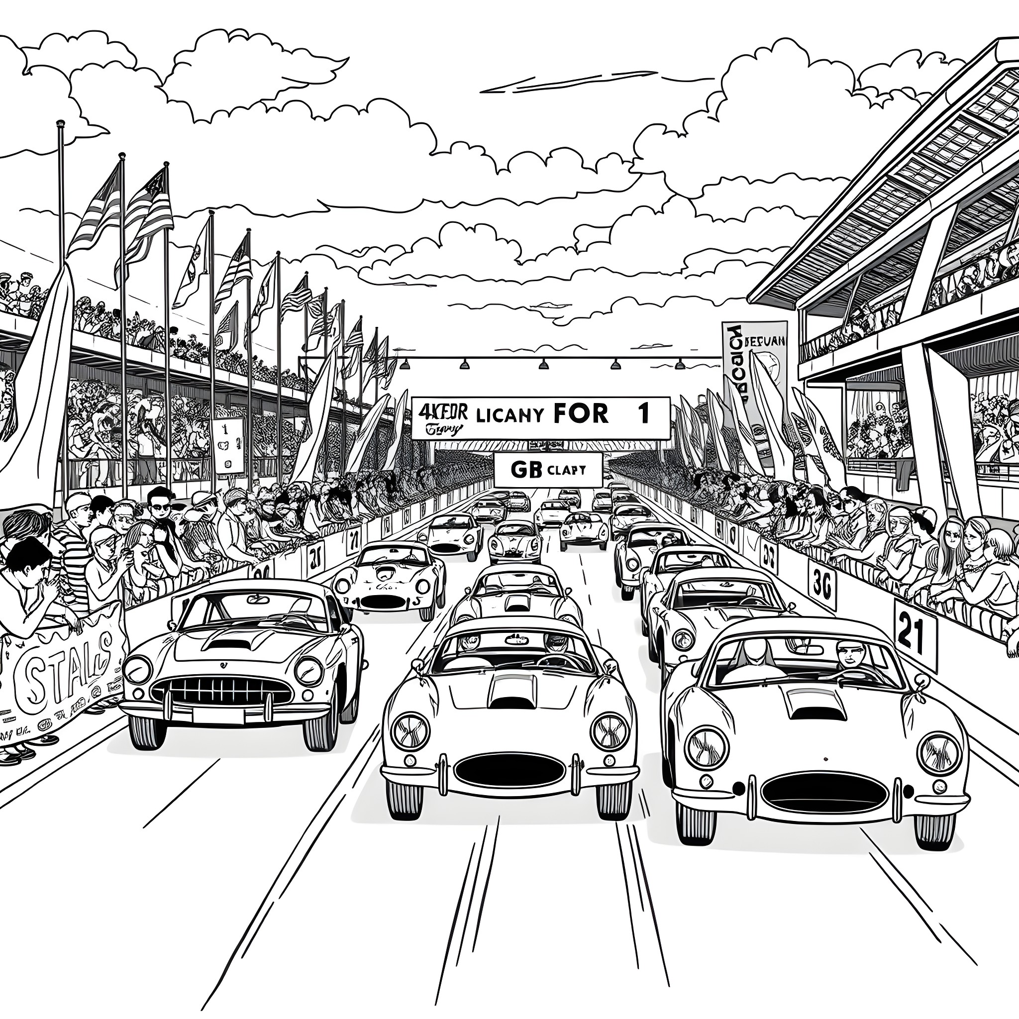 Cars racing on crowded track with spectators Coloring Page (free black-and-white line drawing printable PDF for all, from beginners to advanced learners, including children, teens, adults, and seniors)
