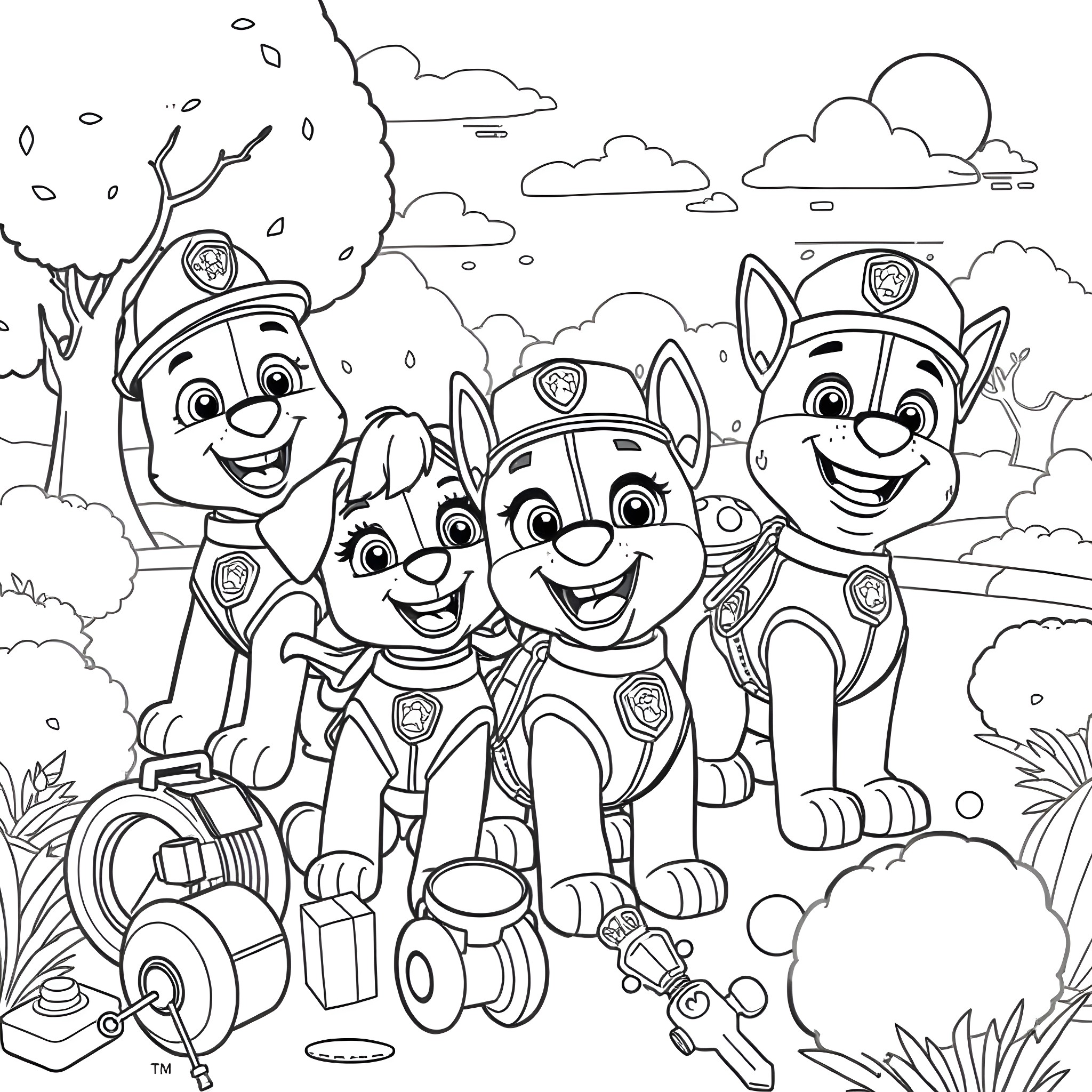 Paw Patrol Team in Action Outdoors Coloring Page (free black-and-white line drawing printable PDF for all, from beginners to advanced learners, including children, teens, adults, and seniors)