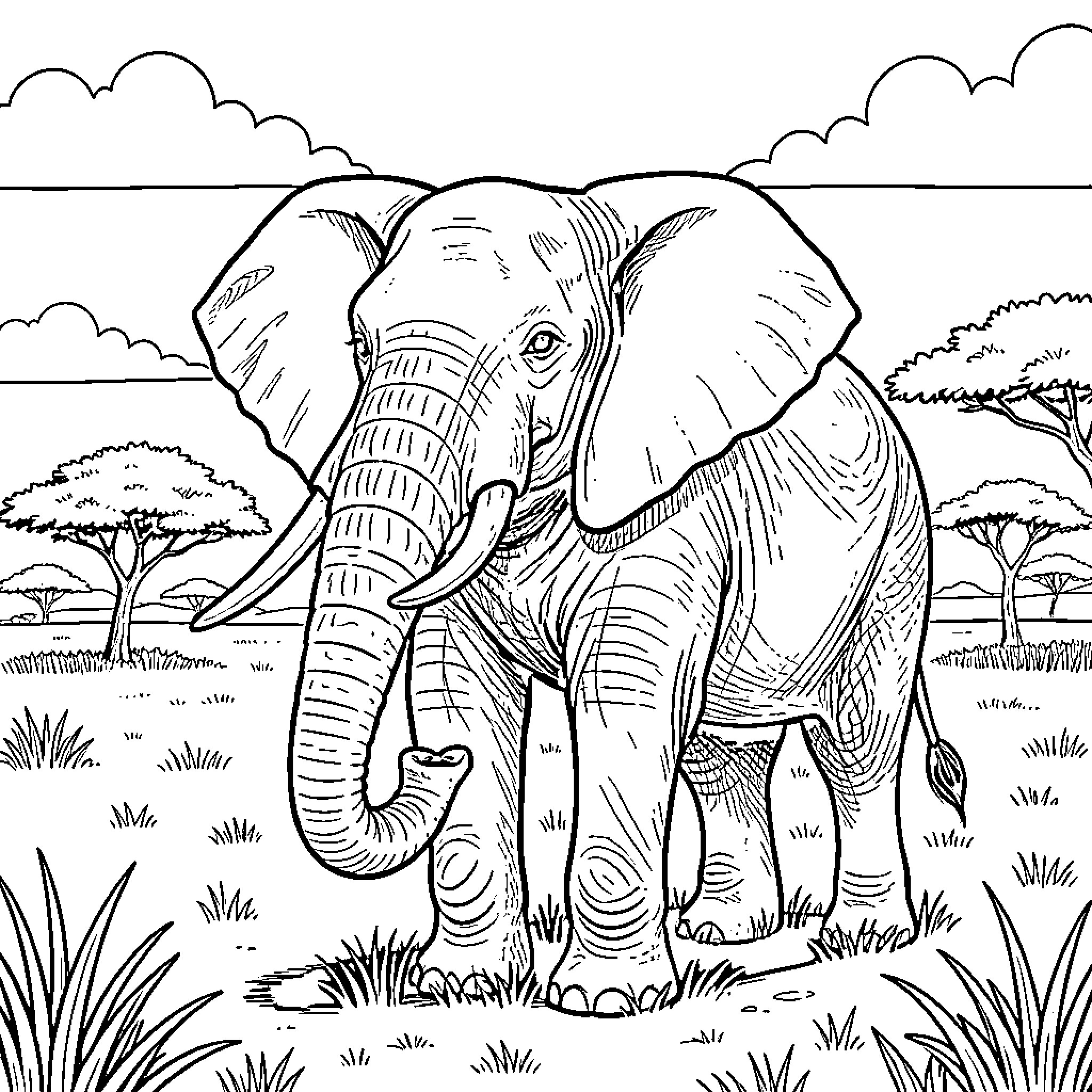 Elephant exploring the African savanna Coloring Page (free black-and-white line drawing printable PDF for all, from beginners to advanced learners, including children, teens, adults, and seniors)