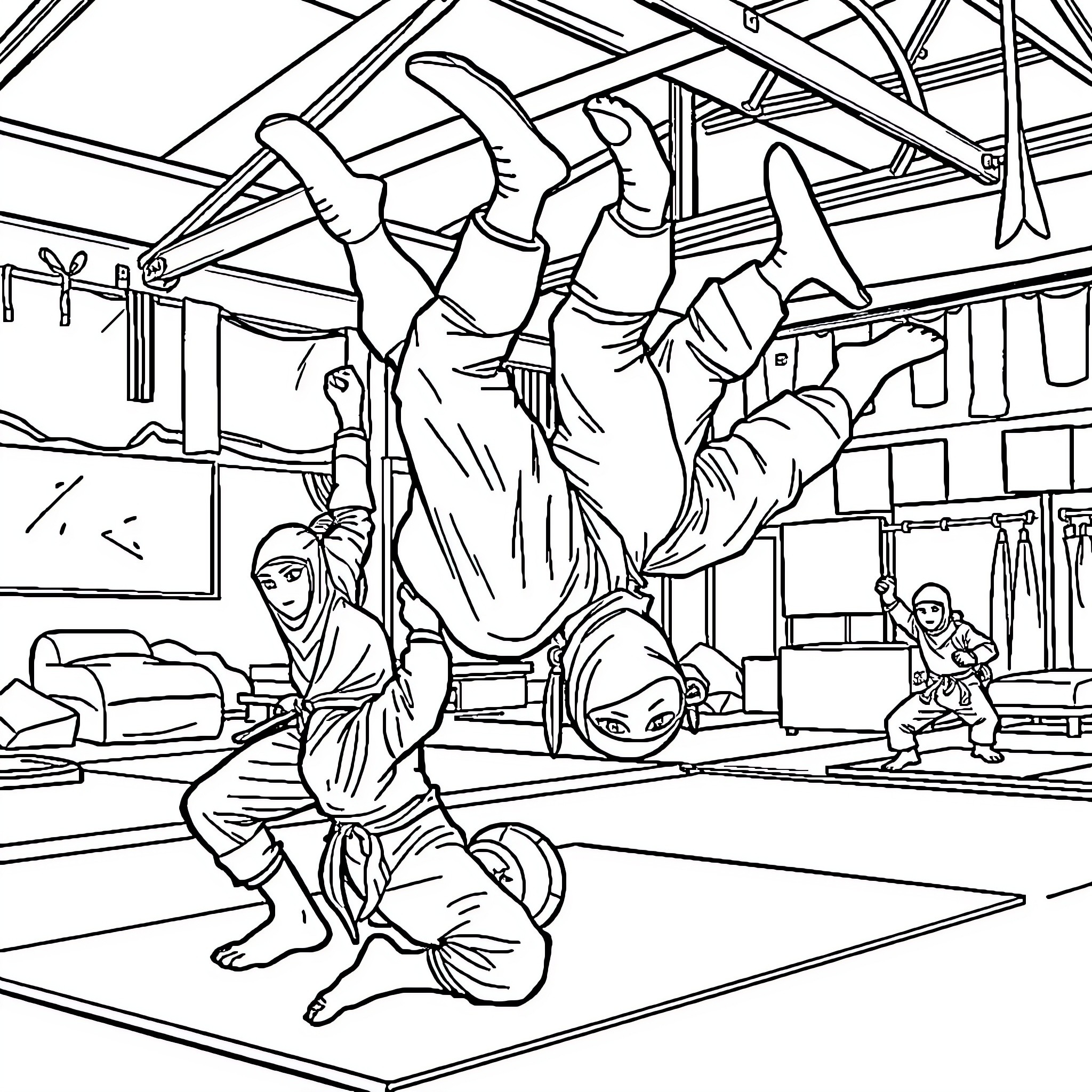 Ninja Warriors Engaged in Intense Training Coloring Page (free black-and-white line drawing printable PDF for all, from beginners to advanced learners, including children, teens, adults, and seniors)