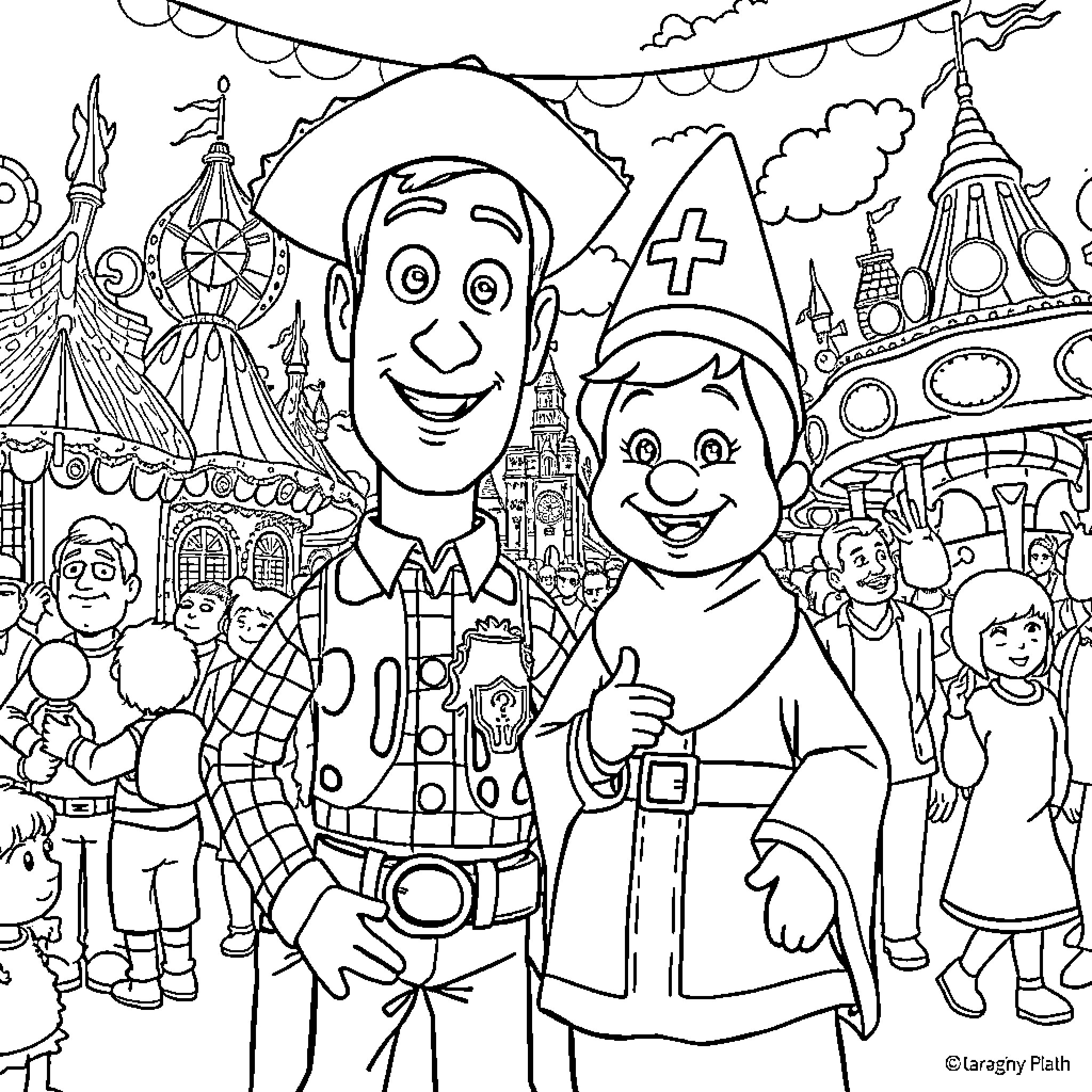 Woody's Festive Carnival Adventure Coloring Page (free black-and-white line drawing printable PDF for all, from beginners to advanced learners, including children, teens, adults, and seniors)