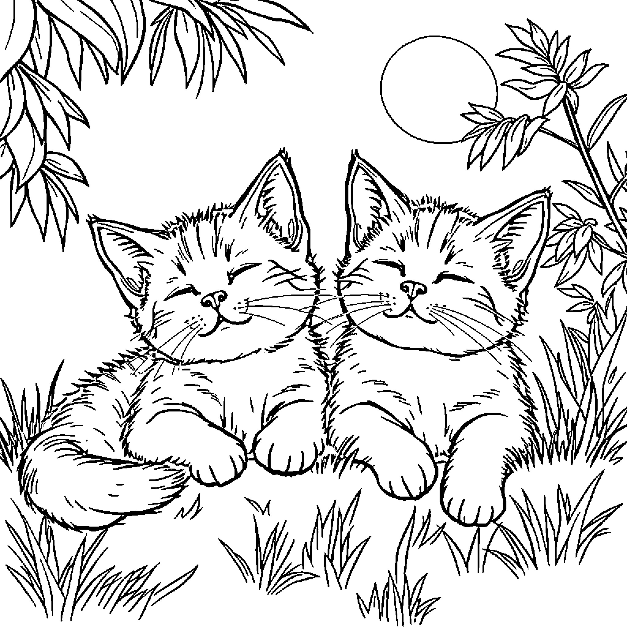 Gato kittens resting peacefully in the garden Coloring Page (free black-and-white line drawing printable PDF for all, from beginners to advanced learners, including children, teens, adults, and seniors)