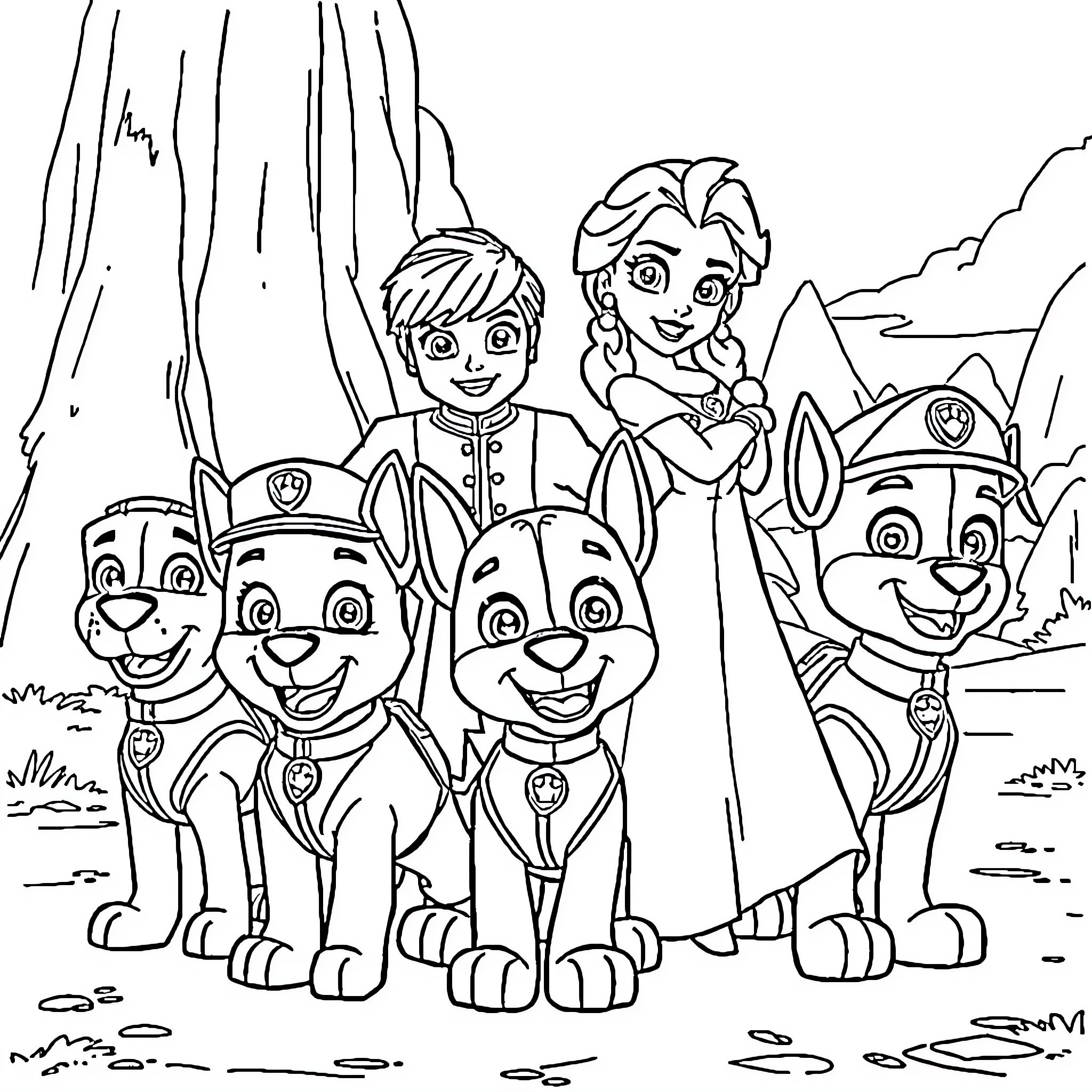 Disney characters exploring a snowy mountain scene Coloring Page (free black-and-white line drawing printable PDF for all, from beginners to advanced learners, including children, teens, adults, and seniors)