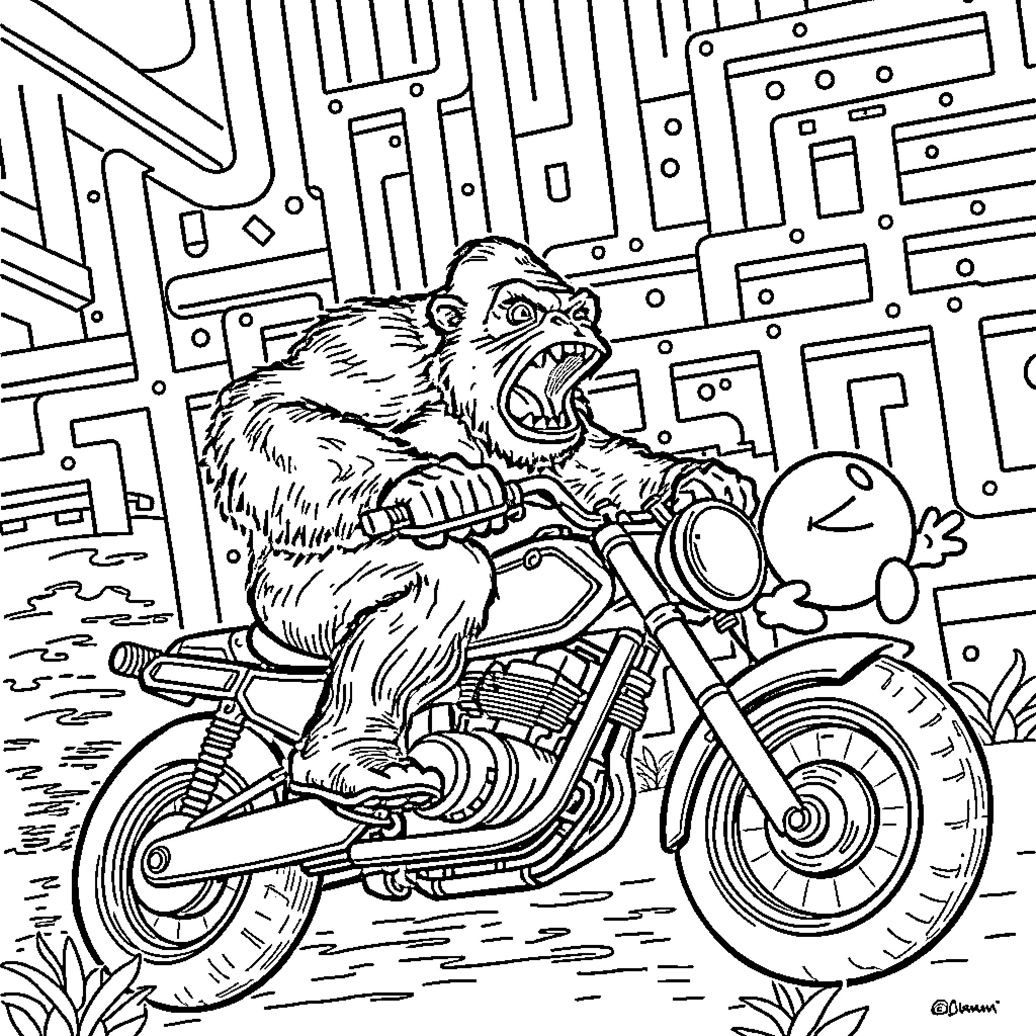 King Kong riding a motorcycle through the city Coloring Page (free black-and-white line drawing printable PDF for all, from beginners to advanced learners, including children, teens, adults, and seniors)