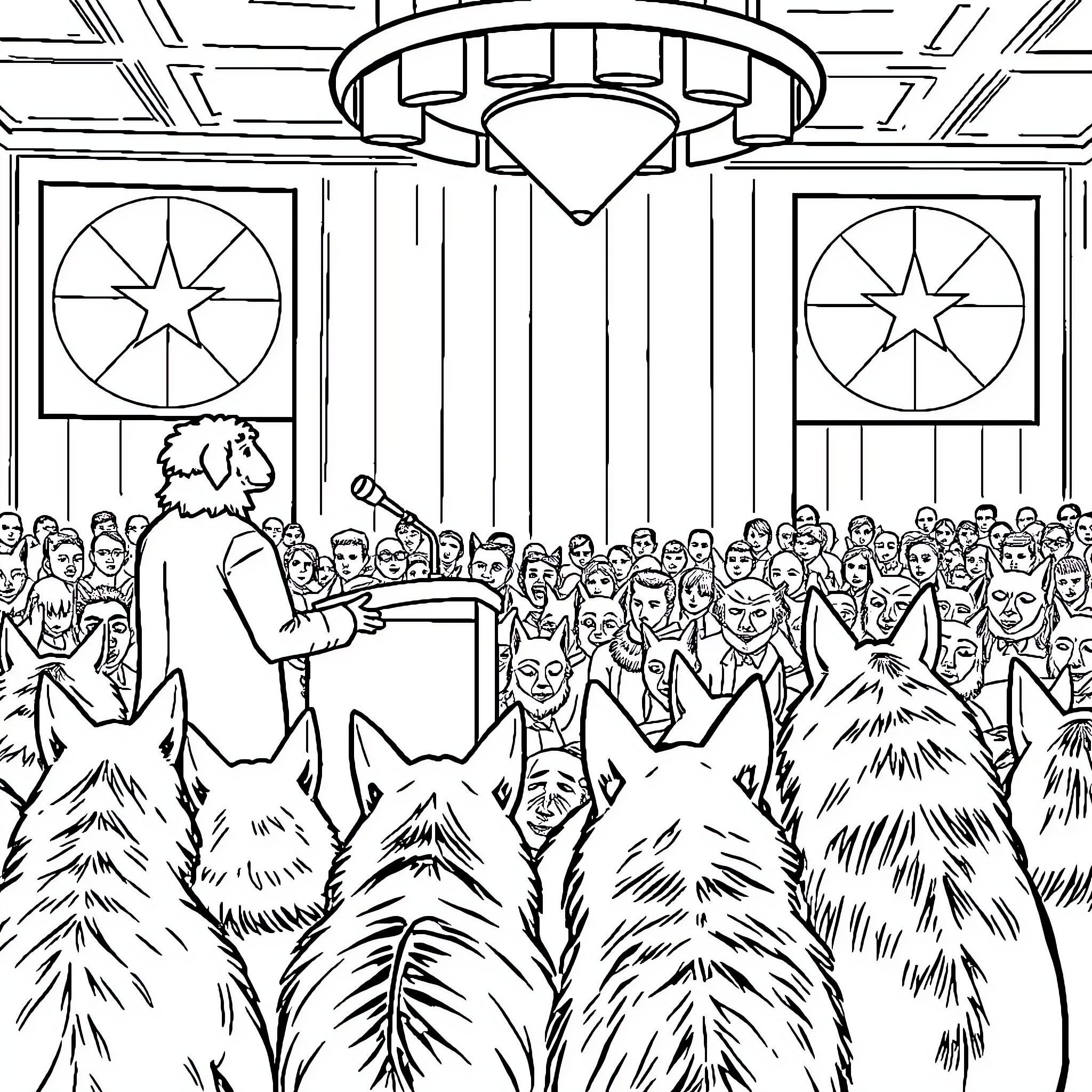 Sheep Shearing Presentation in a Crowded Room Coloring Page (free black-and-white line drawing printable PDF for all, from beginners to advanced learners, including children, teens, adults, and seniors)