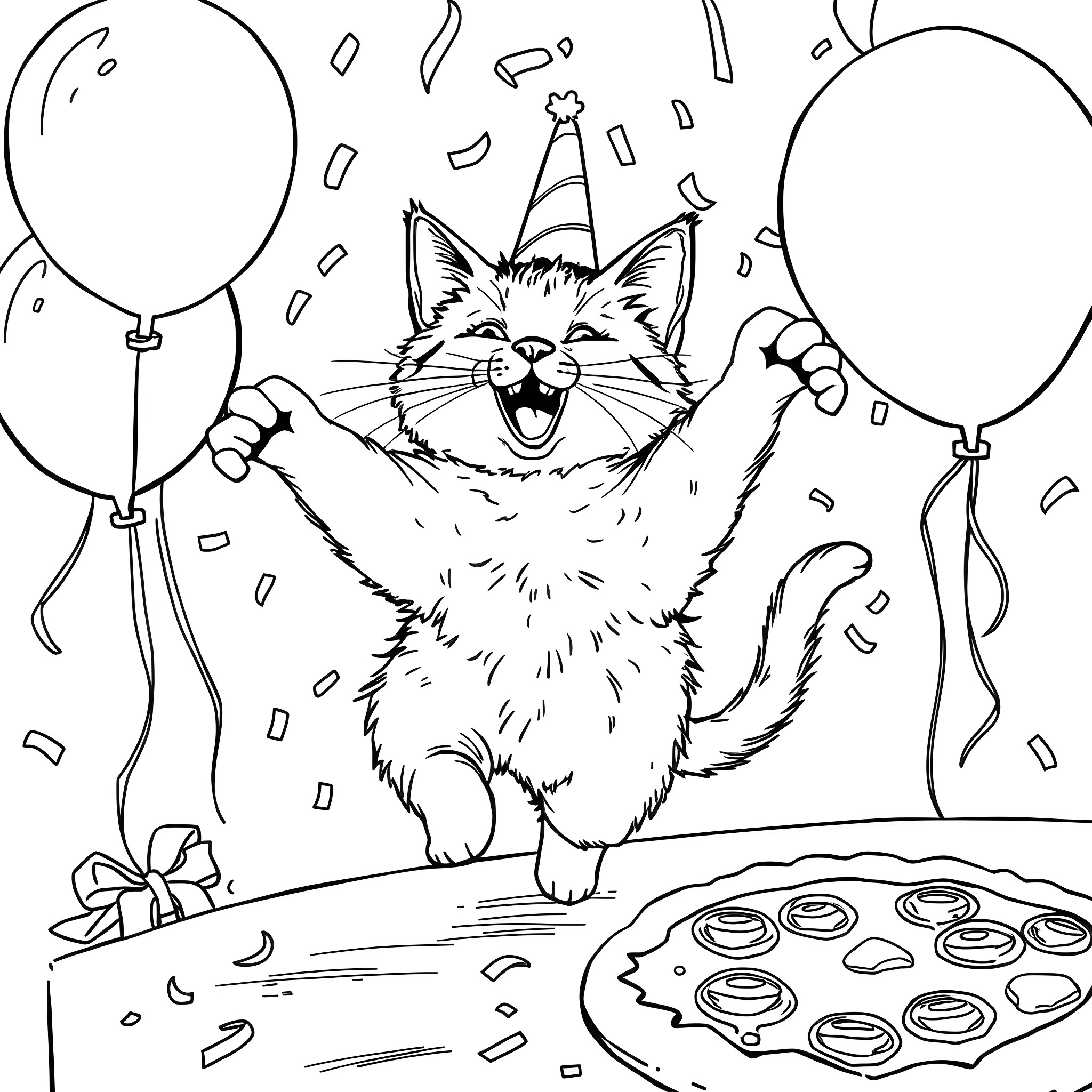 Cat celebrates birthday with balloons and treats Coloring Page (free black-and-white line drawing printable PDF for all, from beginners to advanced learners, including children, teens, adults, and seniors)