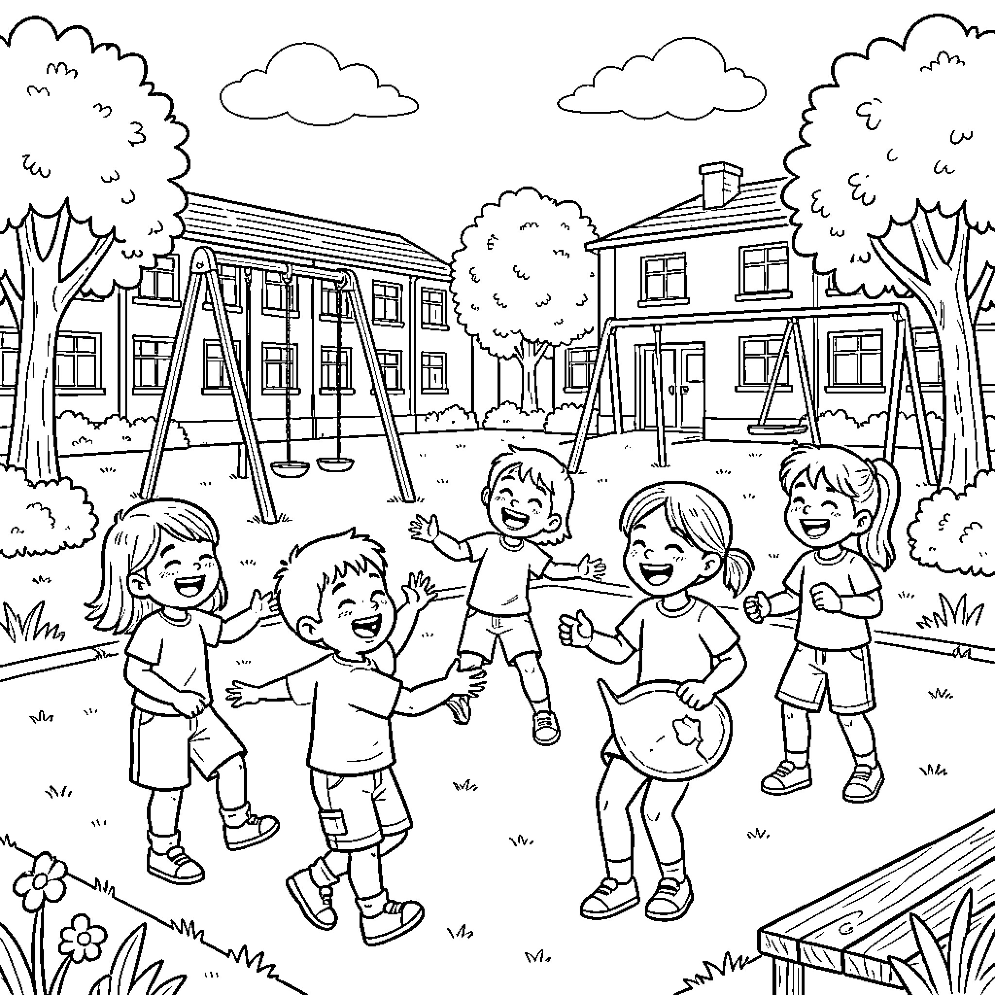 Children playing joyfully in the schoolyard Coloring Page (free black-and-white line drawing printable PDF for all, from beginners to advanced learners, including children, teens, adults, and seniors)
