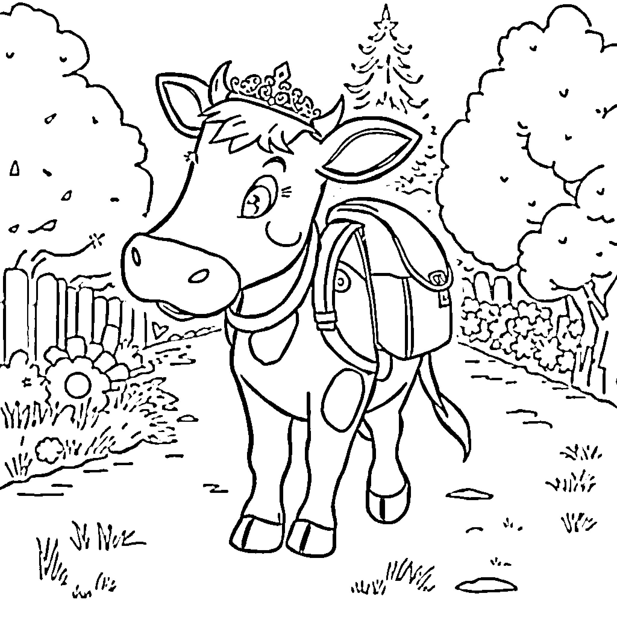 Princess Deer Exploring the Forest Coloring Page (free black-and-white line drawing printable PDF for all, from beginners to advanced learners, including children, teens, adults, and seniors)