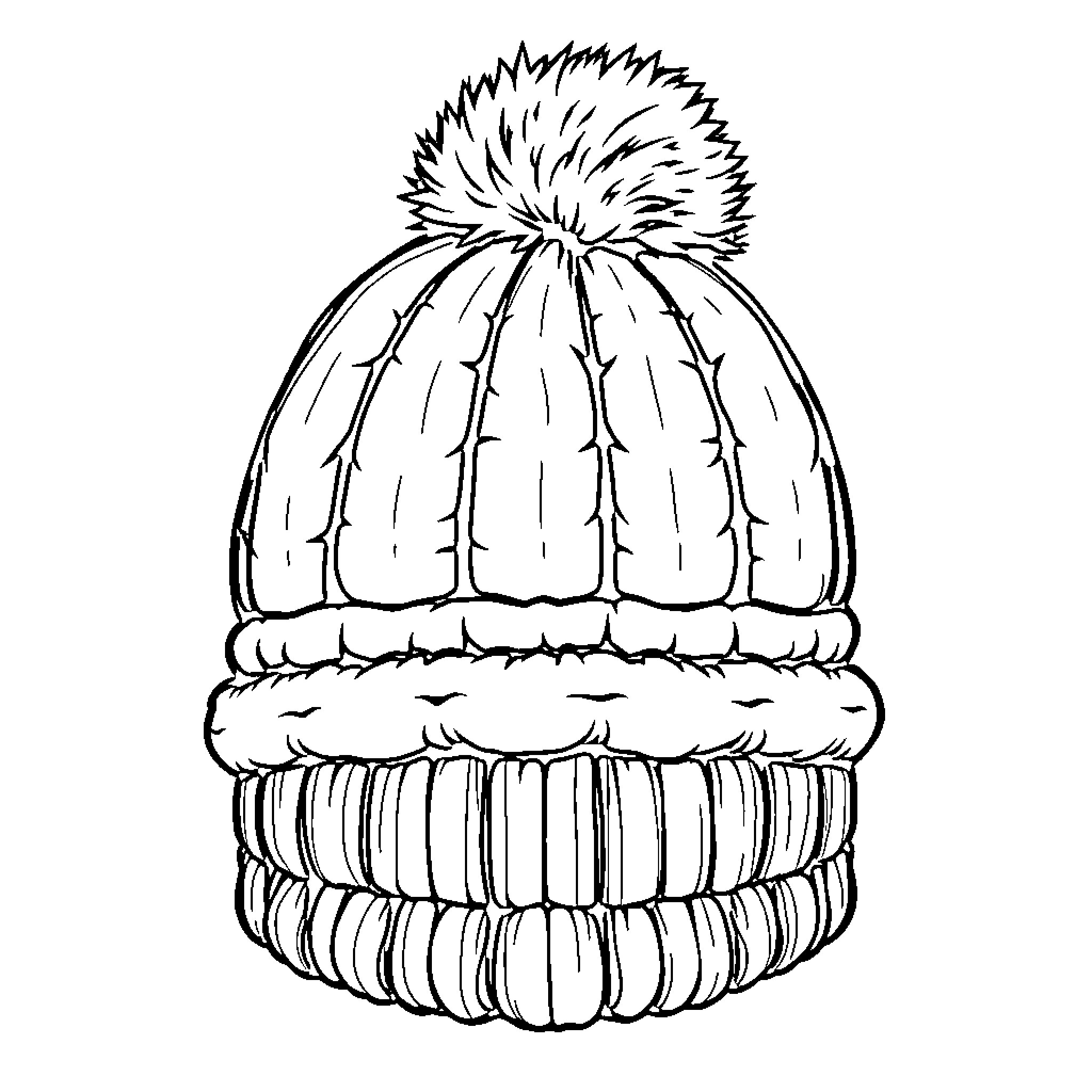 Hat with fluffy pom-pom and ribbed pattern Coloring Page (free black-and-white line drawing printable PDF for all, from beginners to advanced learners, including children, teens, adults, and seniors)