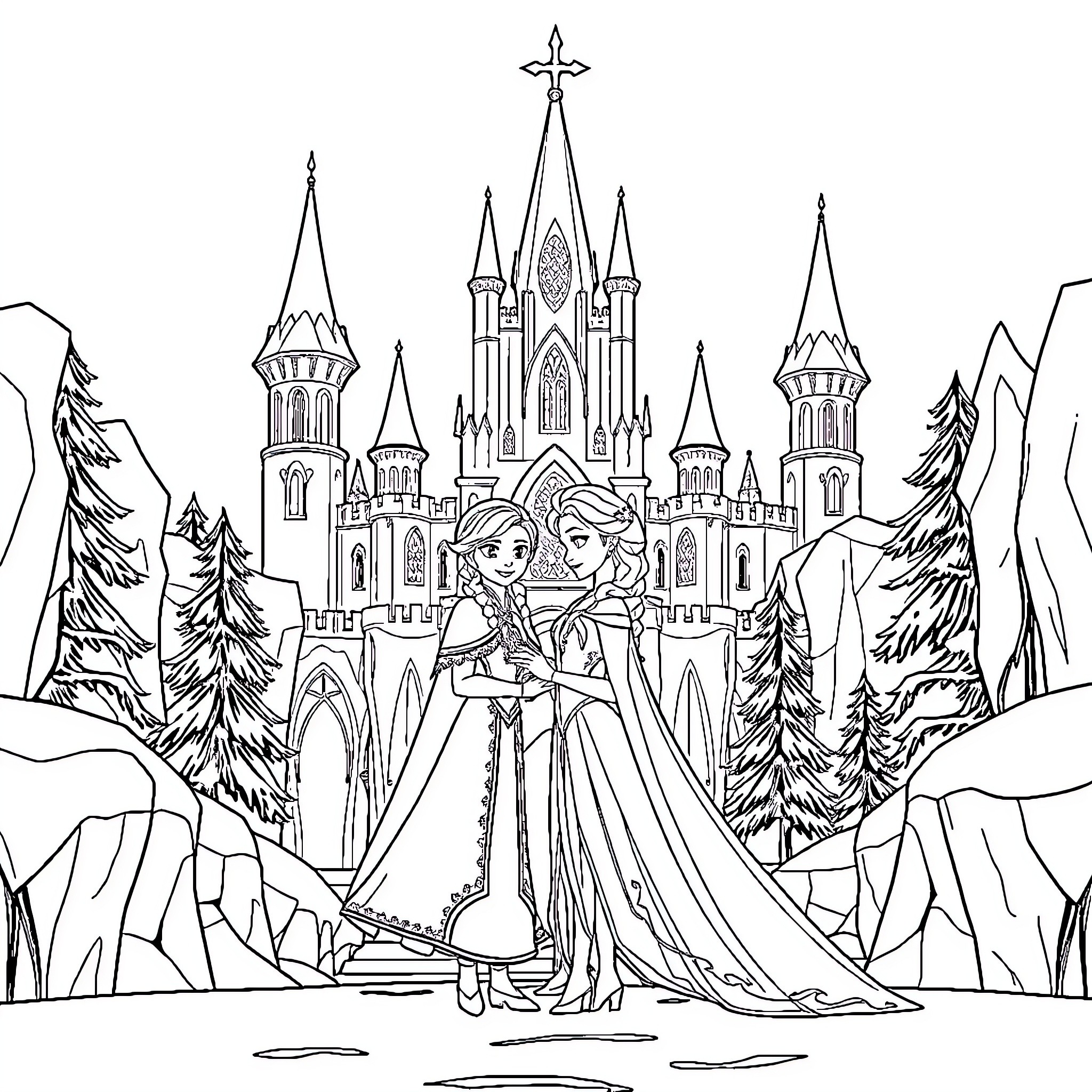 Anna and Elsa embracing in front of a magical castle Coloring Page (free black-and-white line drawing printable PDF for all, from beginners to advanced learners, including children, teens, adults, and seniors)