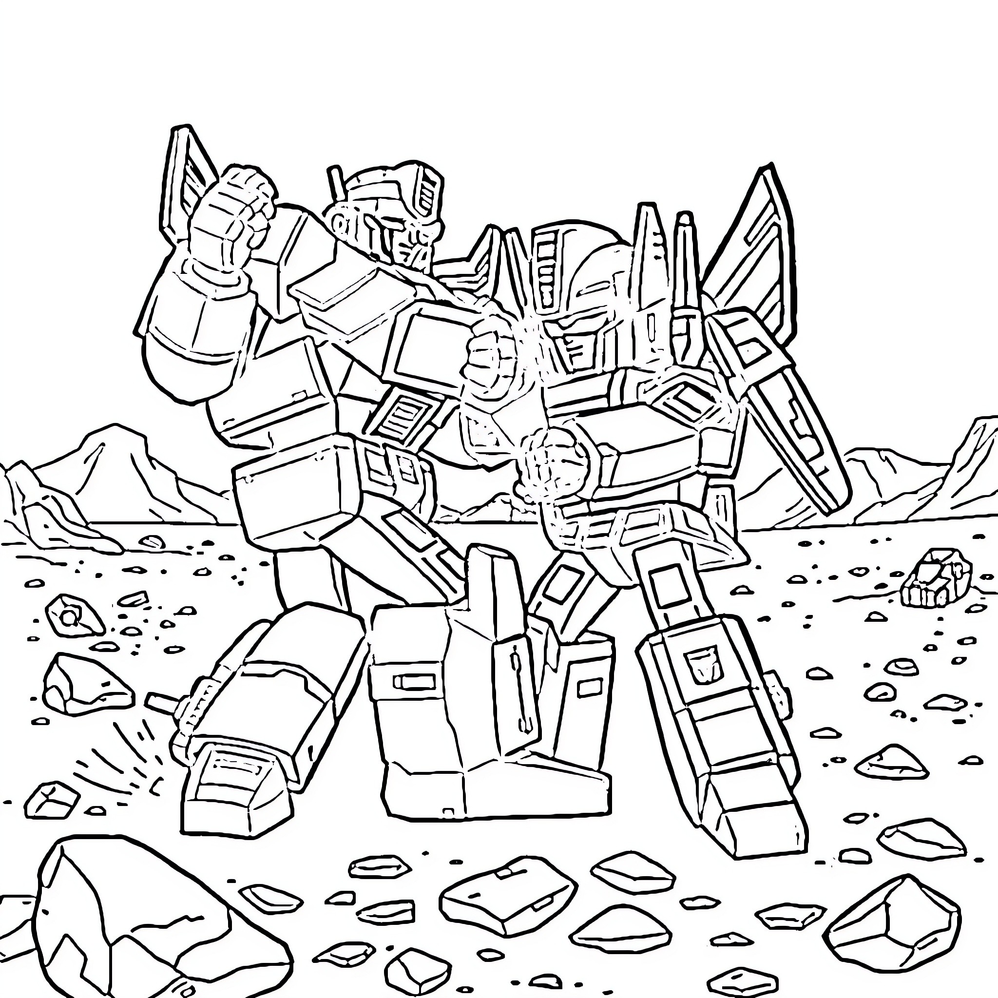 Transformer robot standing on a rocky landscape Coloring Page (free black-and-white line drawing printable PDF for all, from beginners to advanced learners, including children, teens, adults, and seniors)