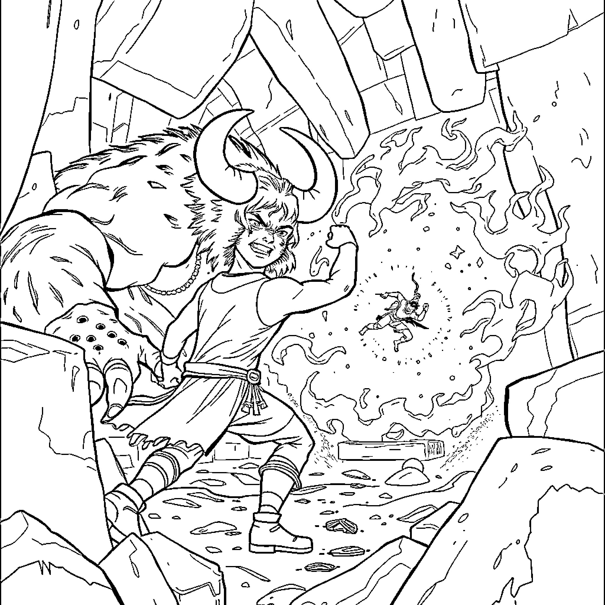 Percy Jackson battling a mythical creature in a fantasy landscape Coloring Page (free black-and-white line drawing printable PDF for all, from beginners to advanced learners, including children, teens, adults, and seniors)