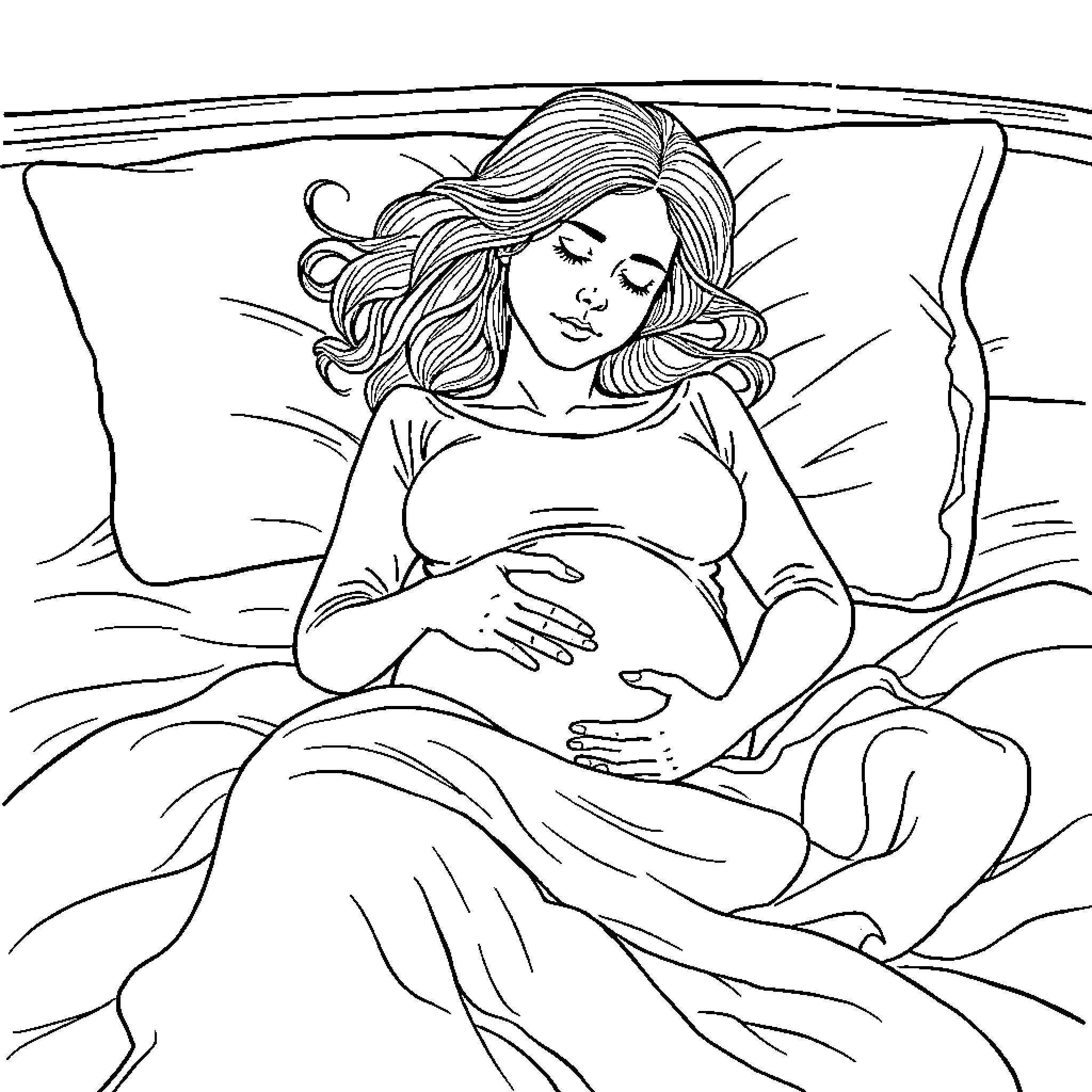 Pregnant Woman Resting Peacefully in Bed Coloring Page (free black-and-white line drawing printable PDF for all, from beginners to advanced learners, including children, teens, adults, and seniors)