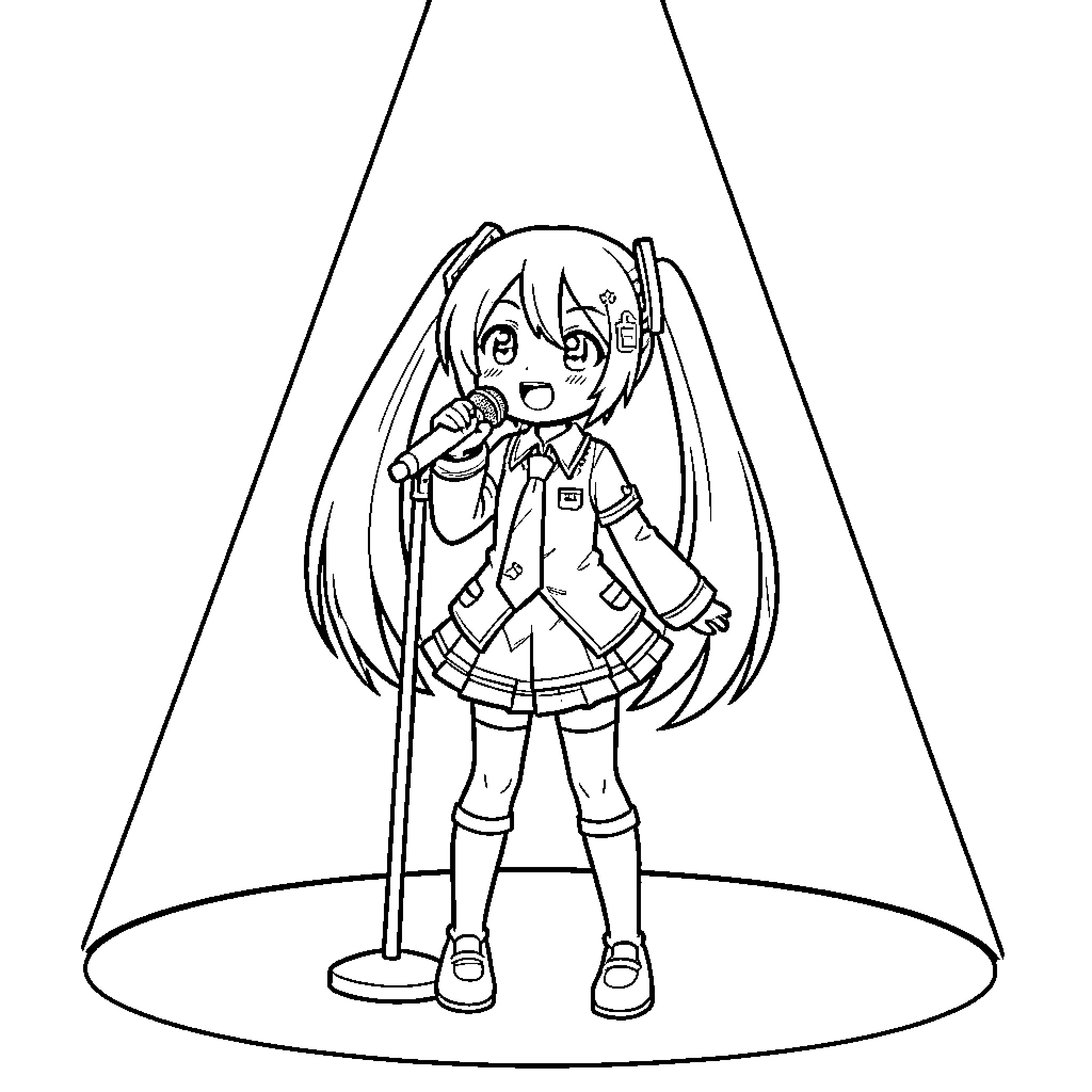 Miku singing joyfully into a microphone on stage Coloring Page (free black-and-white line drawing printable PDF for all, from beginners to advanced learners, including children, teens, adults, and seniors)