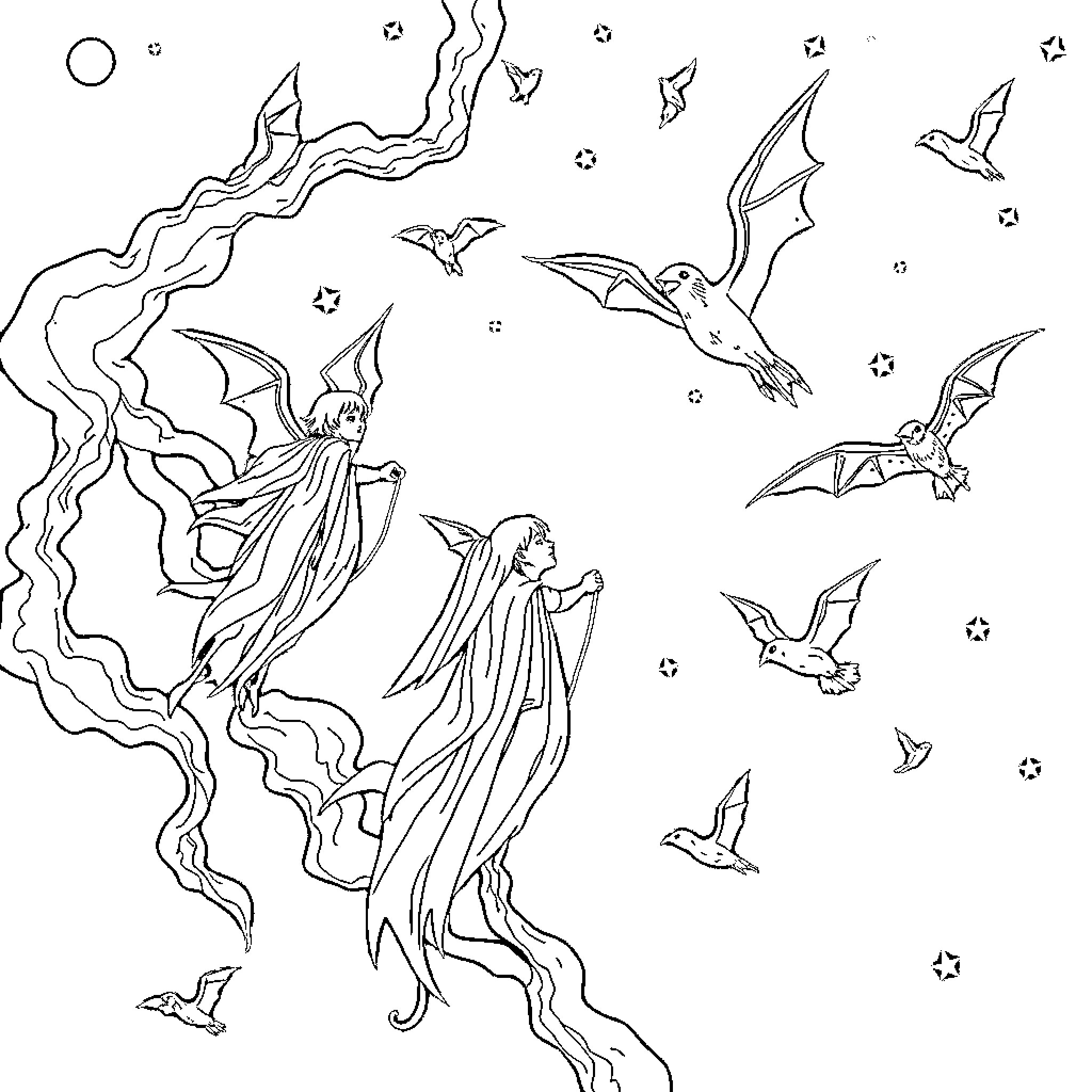 Sorcière in Enchanted Realm with Swirling Bats Coloring Page (free black-and-white line drawing printable PDF for all, from beginners to advanced learners, including children, teens, adults, and seniors)