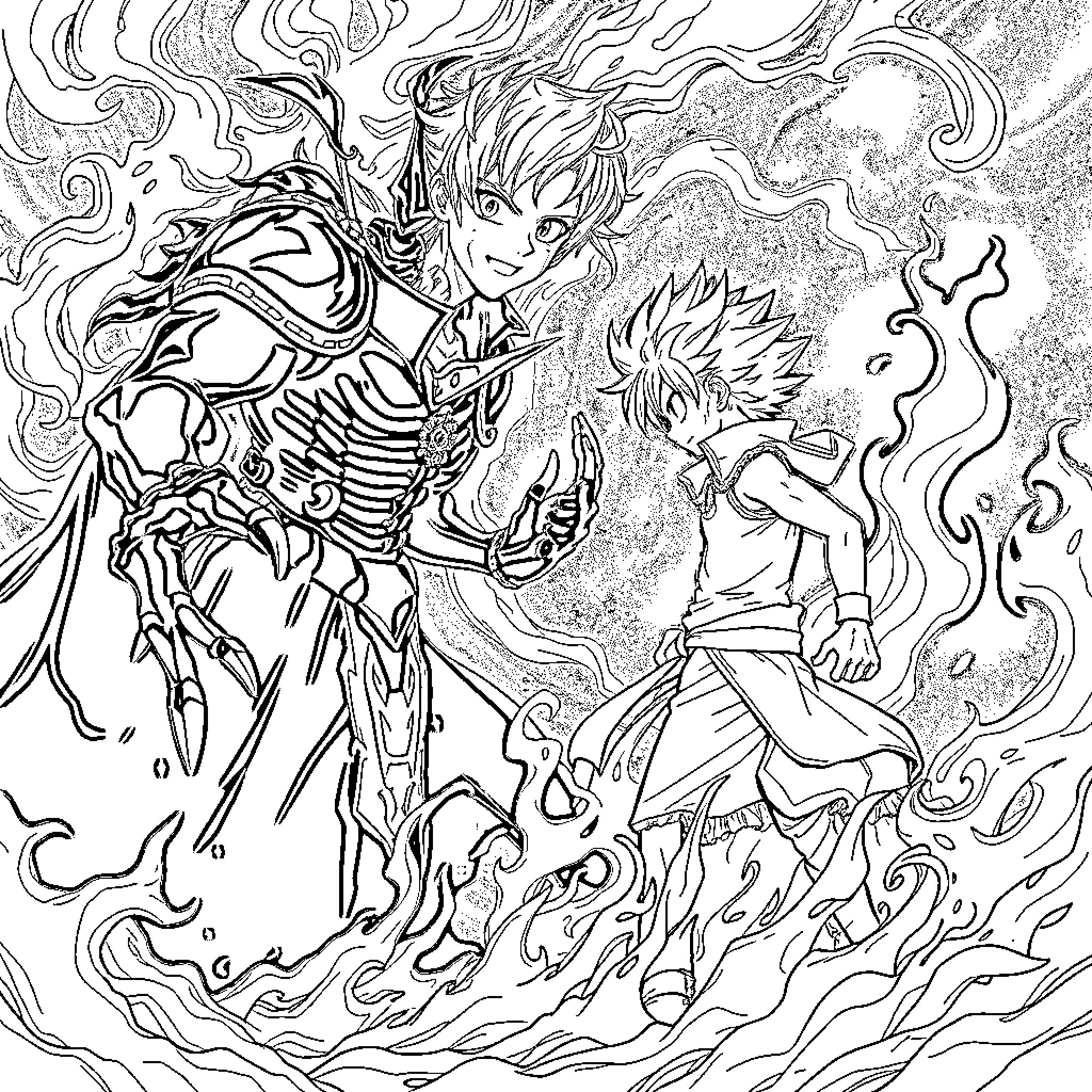 Natsu's Fiery Clash with a Formidable Foe Coloring Page (free black-and-white line drawing printable PDF for all, from beginners to advanced learners, including children, teens, adults, and seniors)