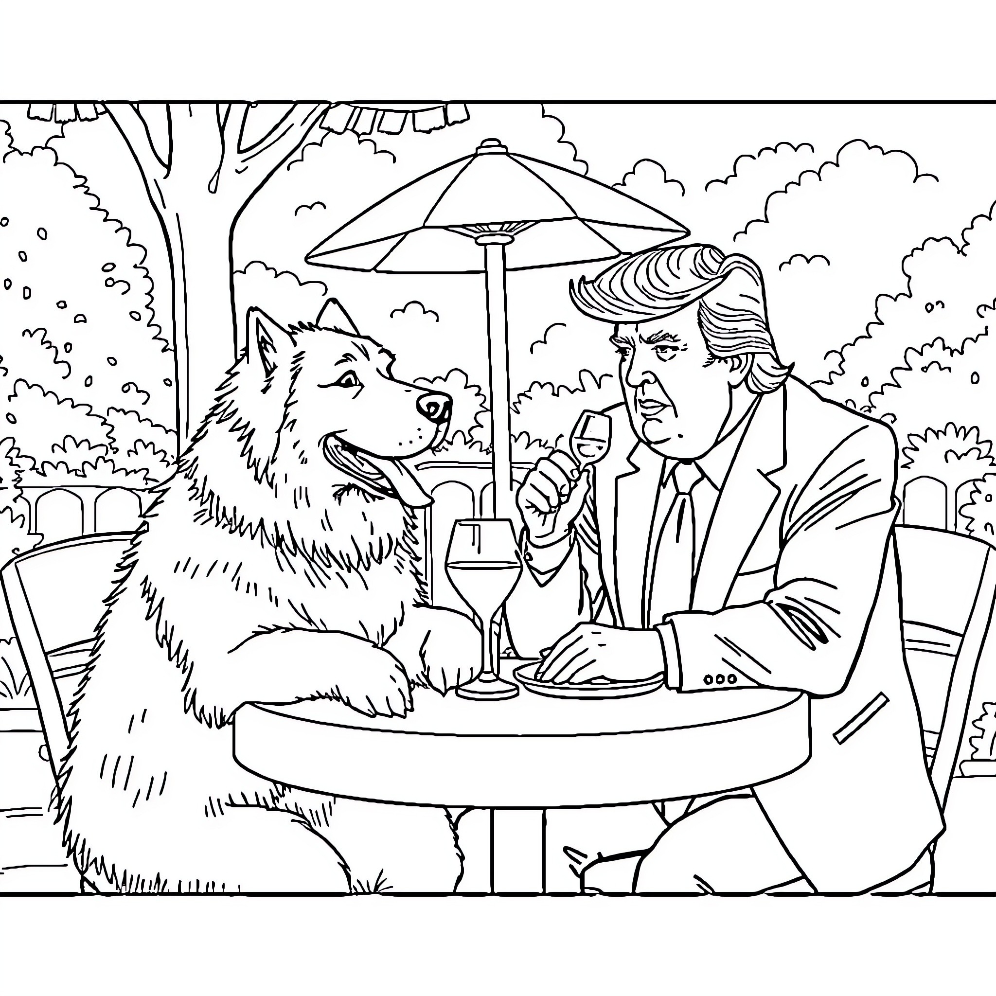 Great Pyrenees Enjoying an Outdoor Meal with Companion Coloring Page (free black-and-white line drawing printable PDF for all, from beginners to advanced learners, including children, teens, adults, and seniors)
