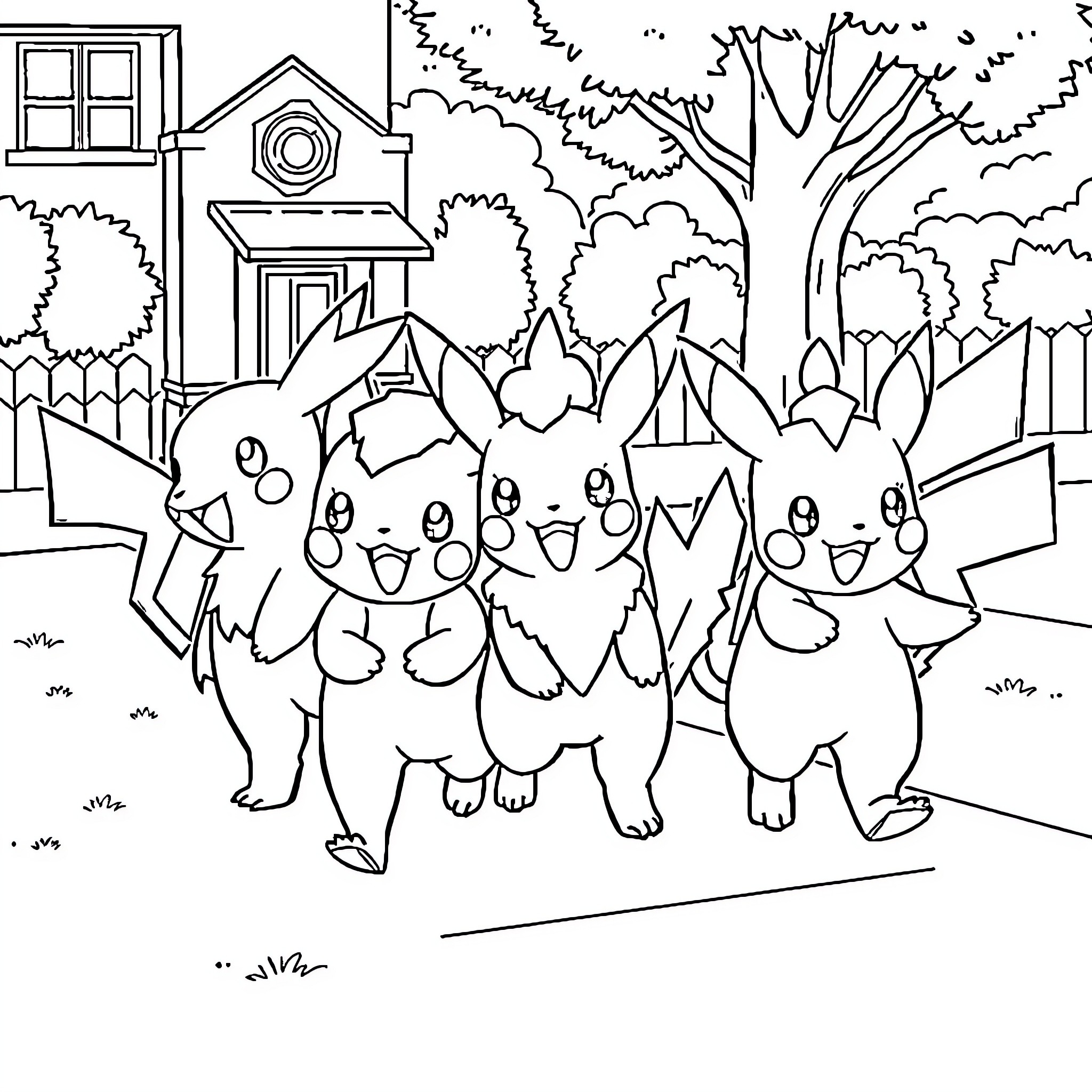 Pokémon characters exploring a neighborhood setting Coloring Page (free black-and-white line drawing printable PDF for all, from beginners to advanced learners, including children, teens, adults, and seniors)