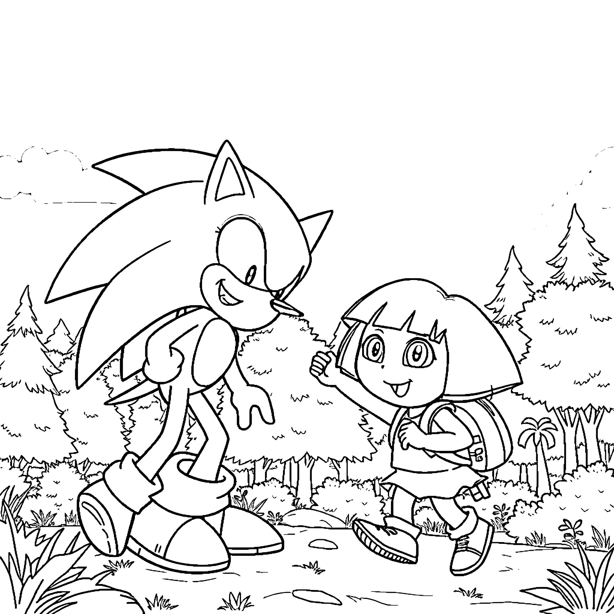 Dora and Sonic exploring the forest together Coloring Page (free black-and-white line drawing printable PDF for all, from beginners to advanced learners, including children, teens, adults, and seniors)