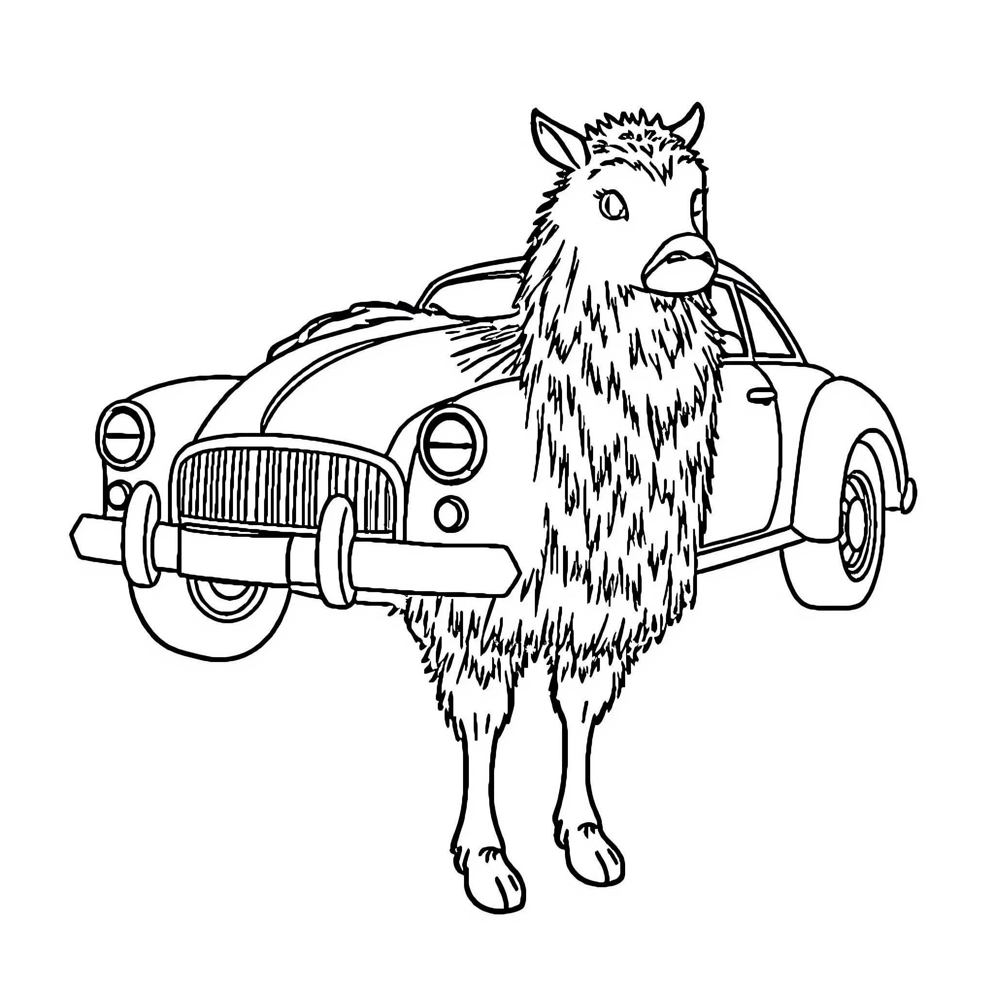 Camel Car Driving with Quirky Llama Passenger Coloring Page (free black-and-white line drawing printable PDF for all, from beginners to advanced learners, including children, teens, adults, and seniors)