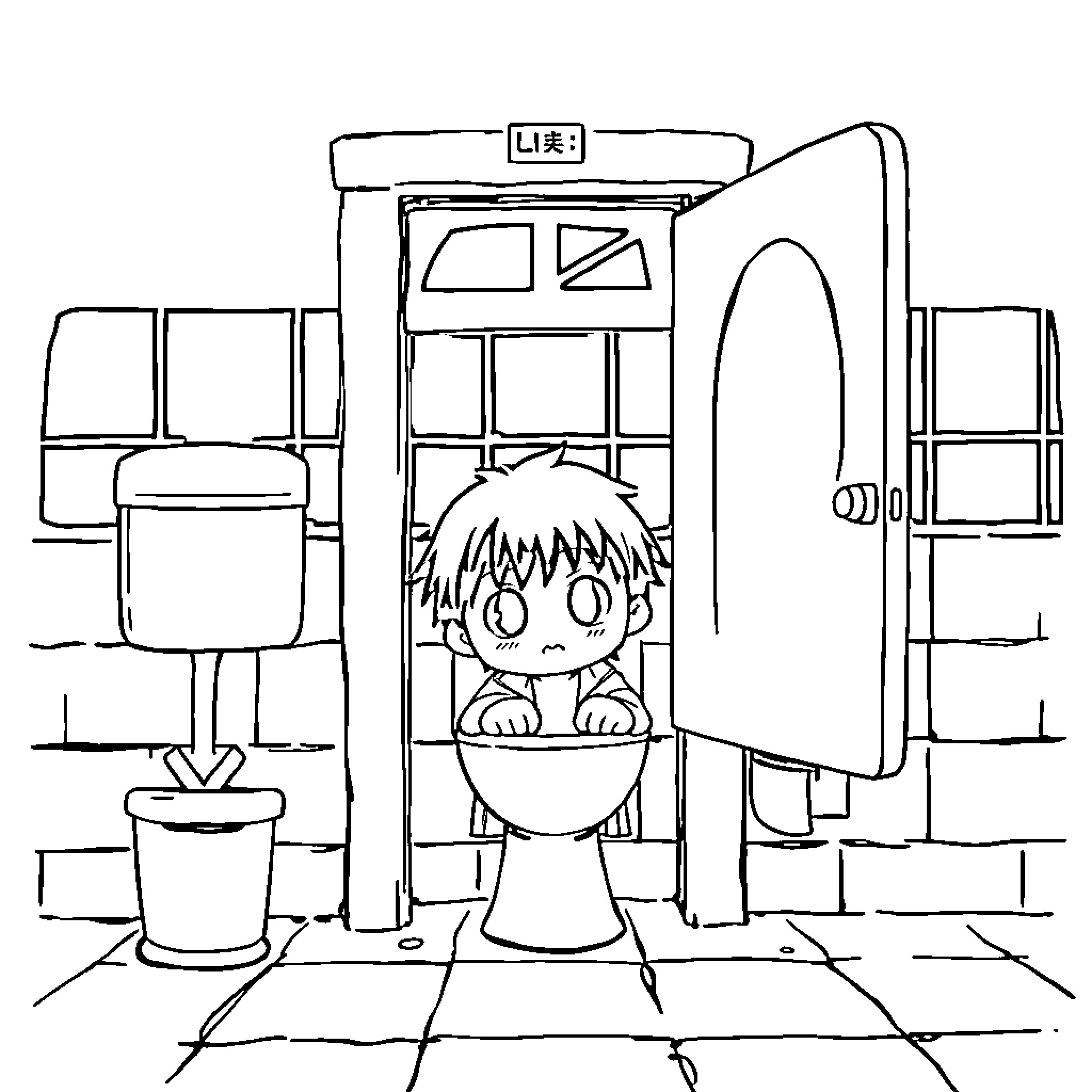 Hanako-kun sitting in a public restroom stall Coloring Page (free black-and-white line drawing printable PDF for all, from beginners to advanced learners, including children, teens, adults, and seniors)