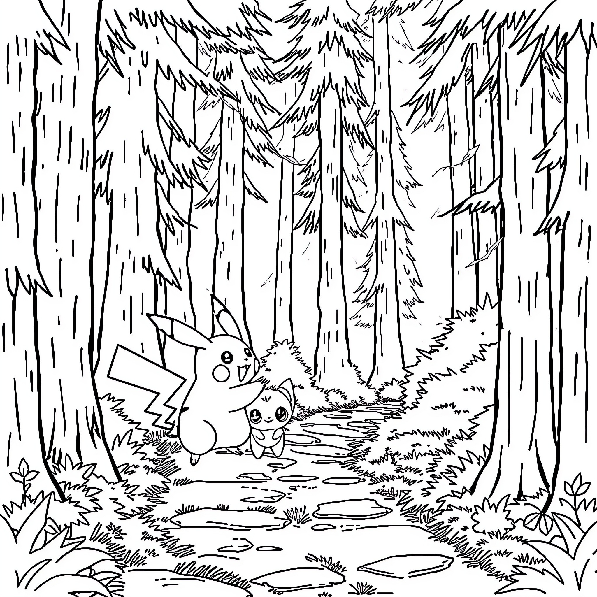 Pikachu exploring the enchanted forest Coloring Page (free black-and-white line drawing printable PDF for all, from beginners to advanced learners, including children, teens, adults, and seniors)
