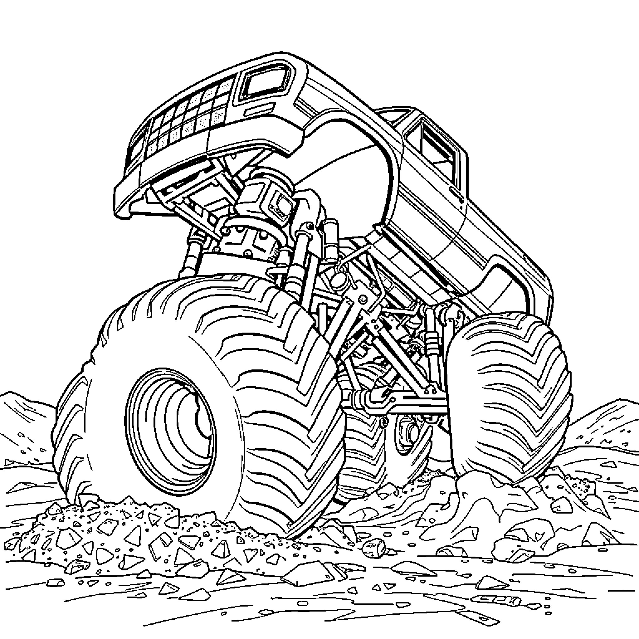 Monster Truck Crushing Rocks on the Rugged Terrain Coloring Page (free black-and-white line drawing printable PDF for all, from beginners to advanced learners, including children, teens, adults, and seniors)
